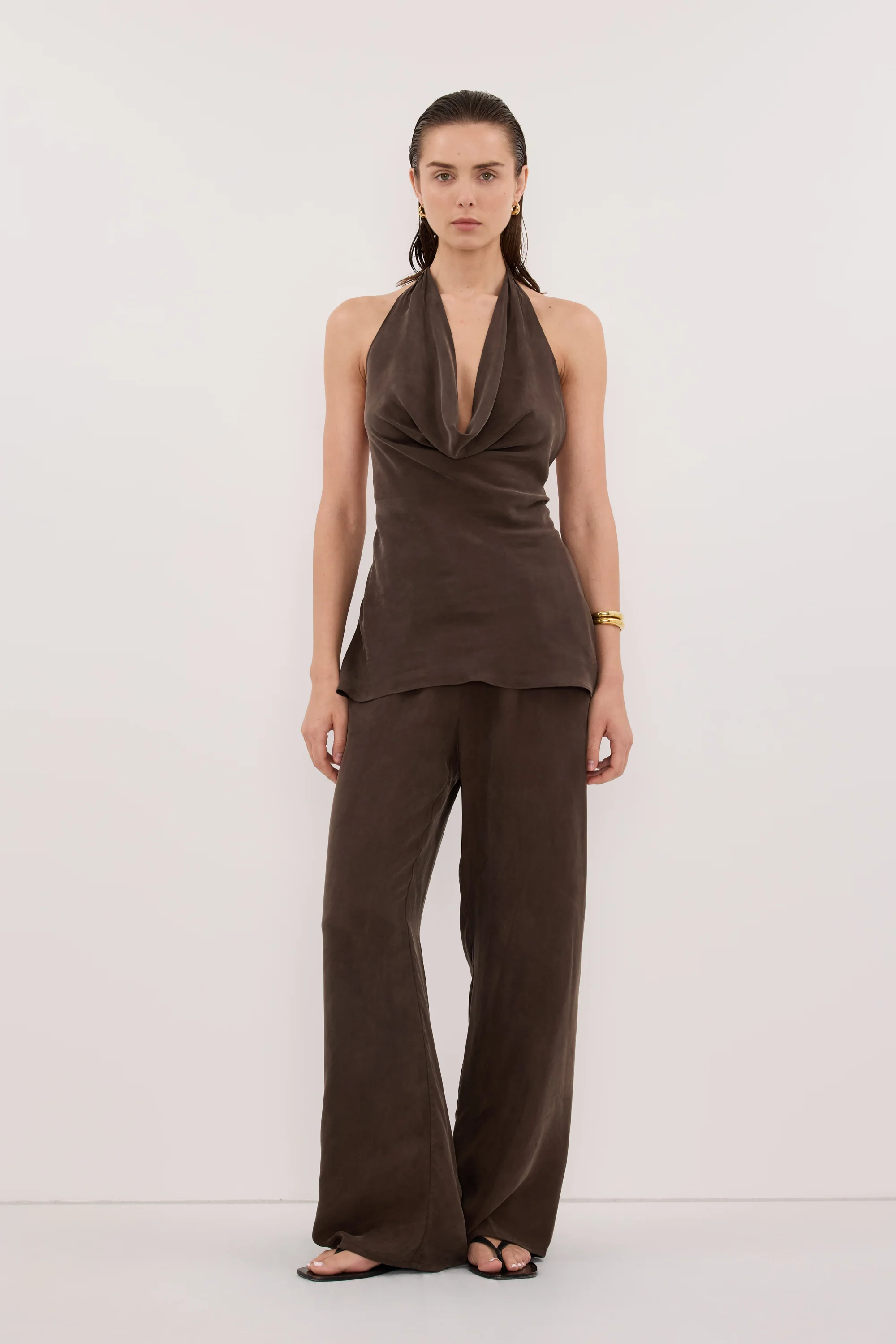 ADDIE BITTER CHOC CUPRO DRAWSTRING PANT