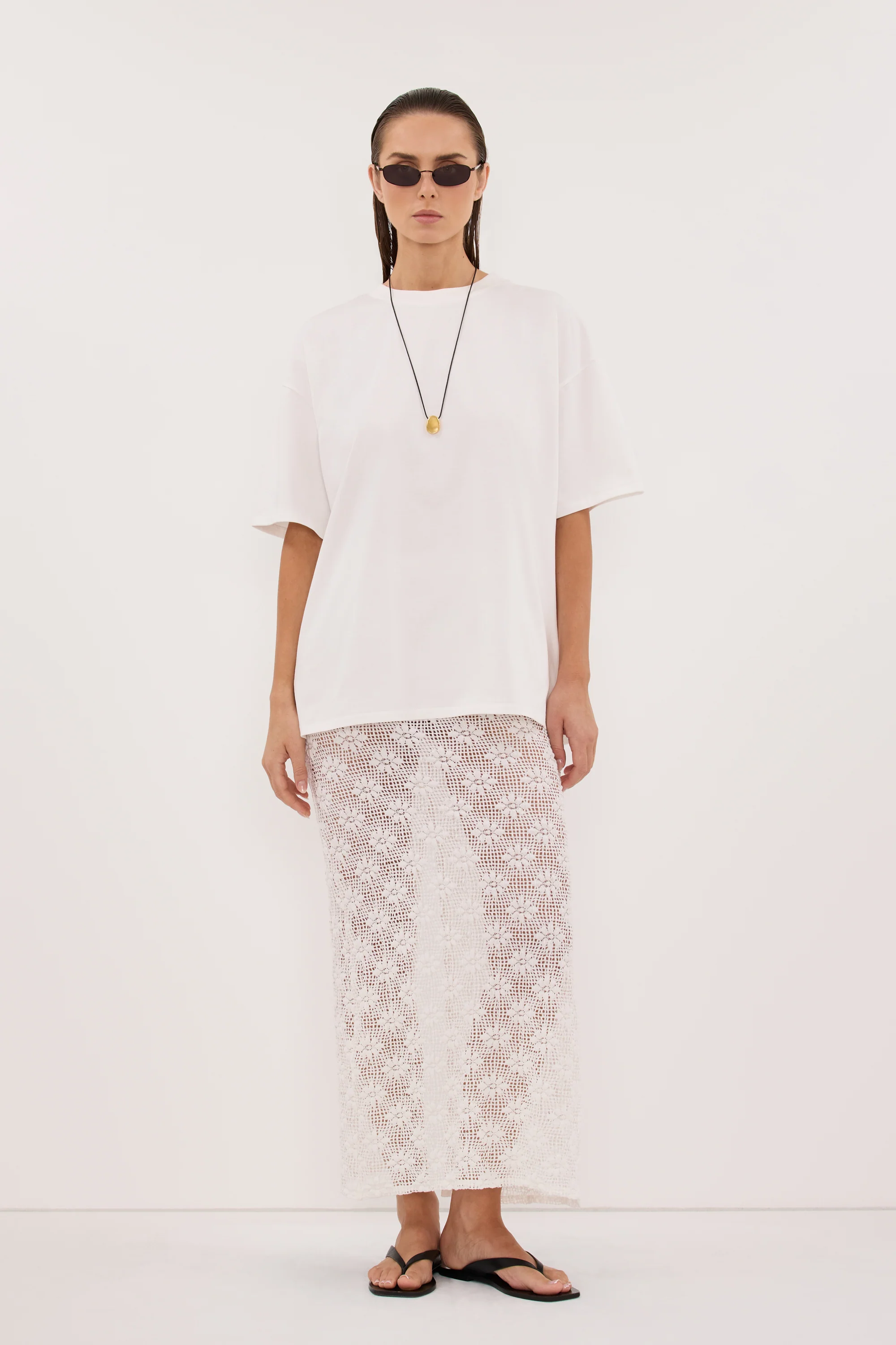 AGNES WHITE CROCHET COLUMN MIDI SKIRT