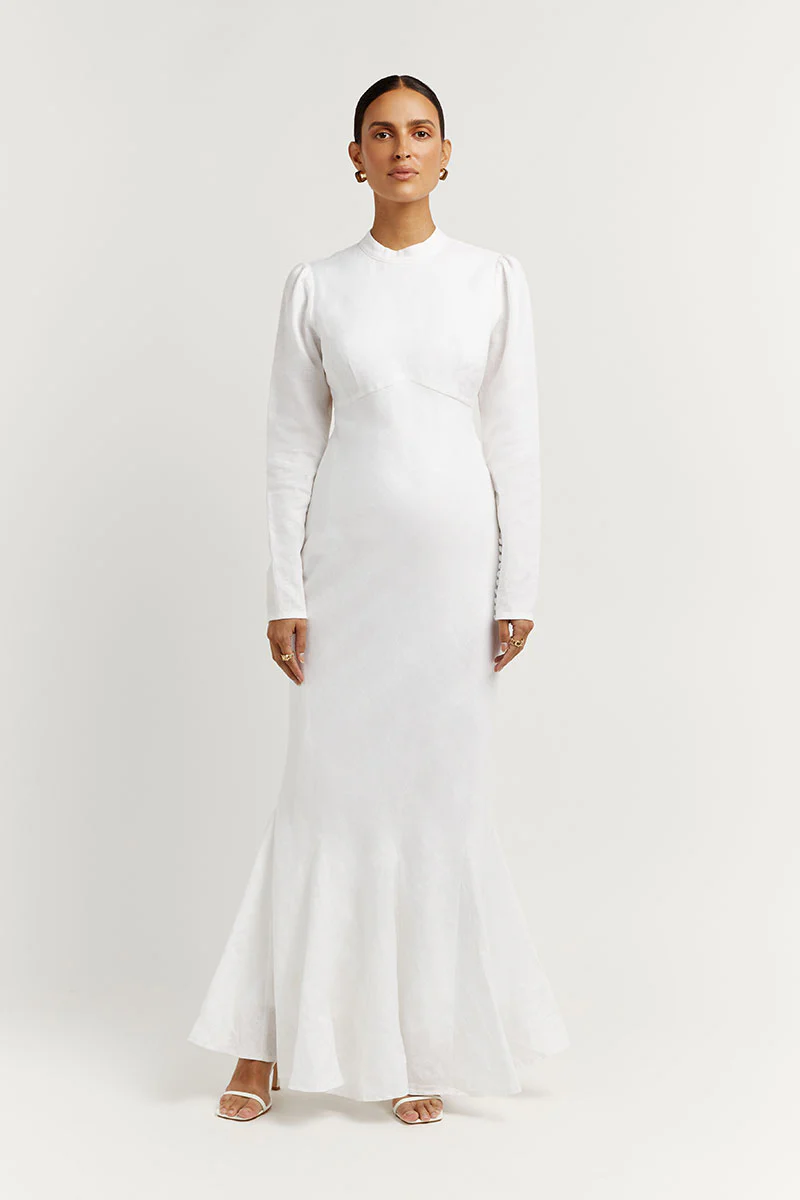 AISLE WHITE LINEN SLEEVE MIDI DRESS