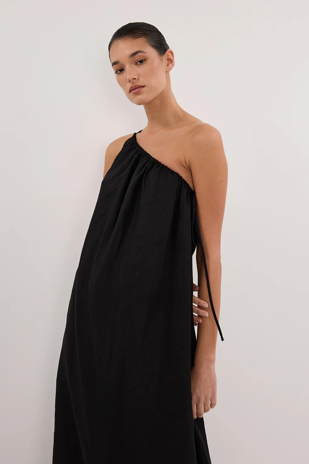 ALMA BLACK ASYM LINEN MIDI DRESS - Image 2