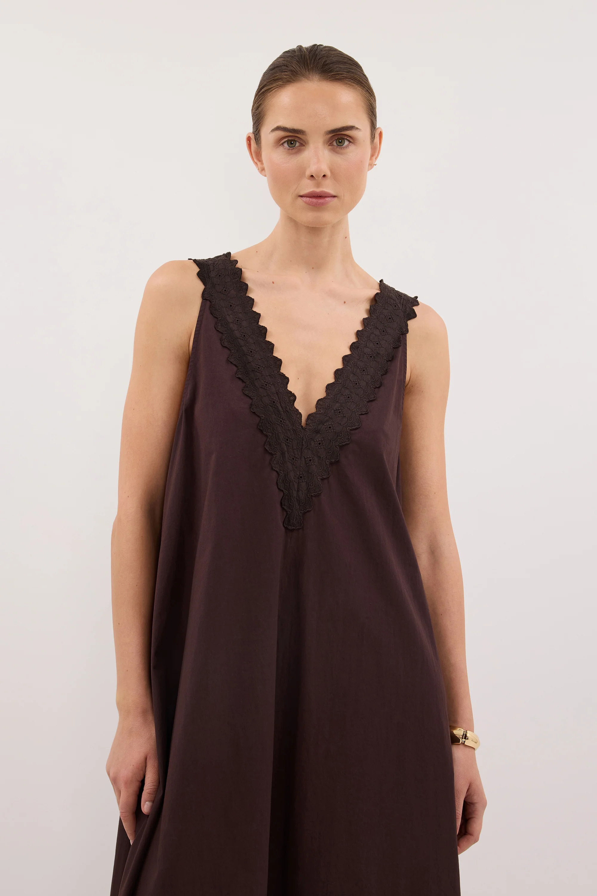ANNABEL BURNT CHOC SLEEVELESS V NECK MIDI DRESS - PRE ORDER - Image 2