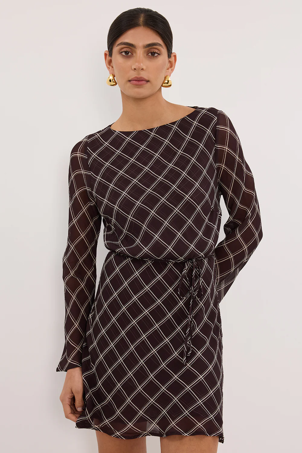 ARLINGTON CHOC LONG SLEEVE BOAT NECK MINI DRESS - Image 2