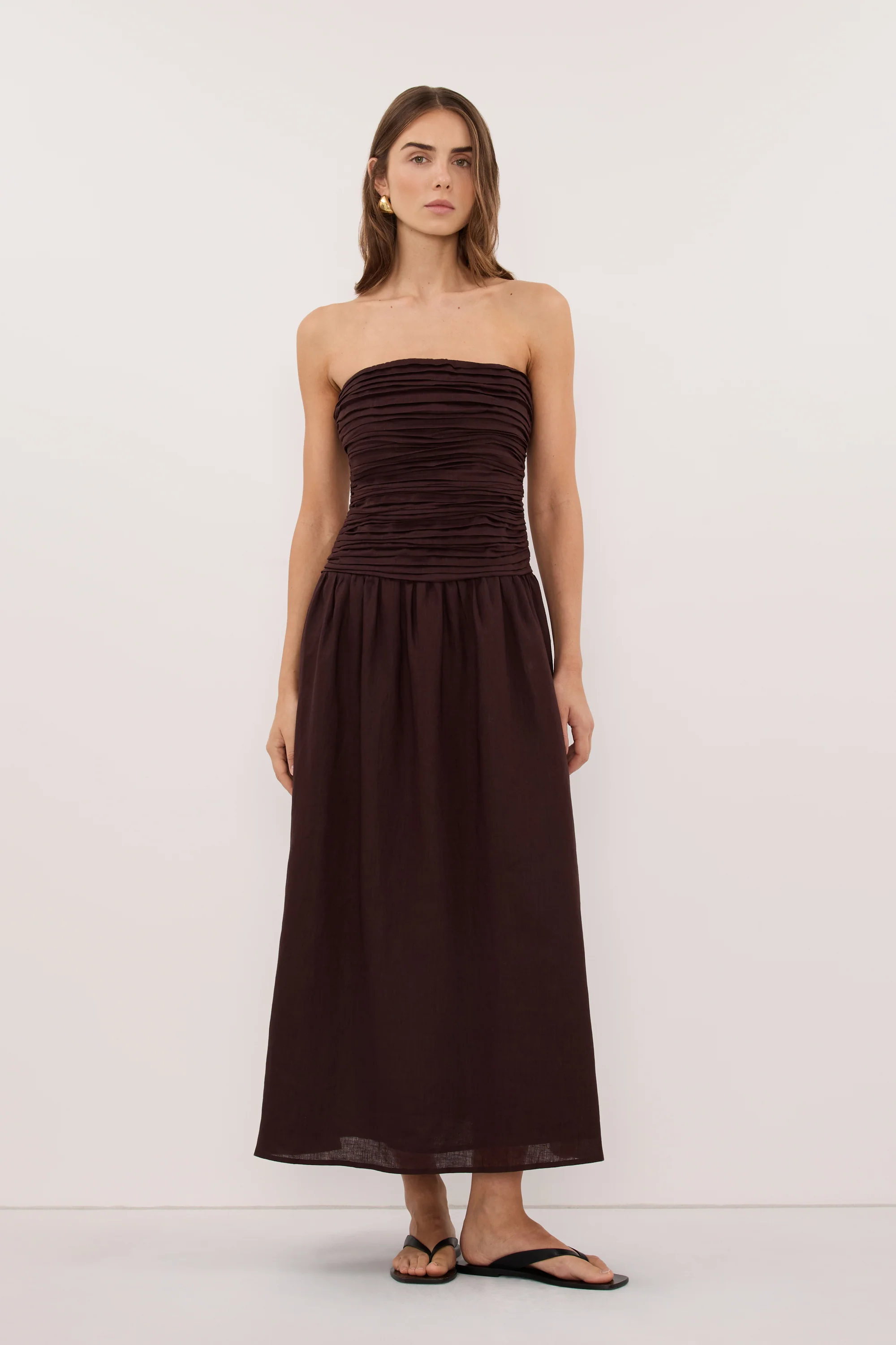 AUBRIELLA BURNT CHOC LINEN MIDI DRESS