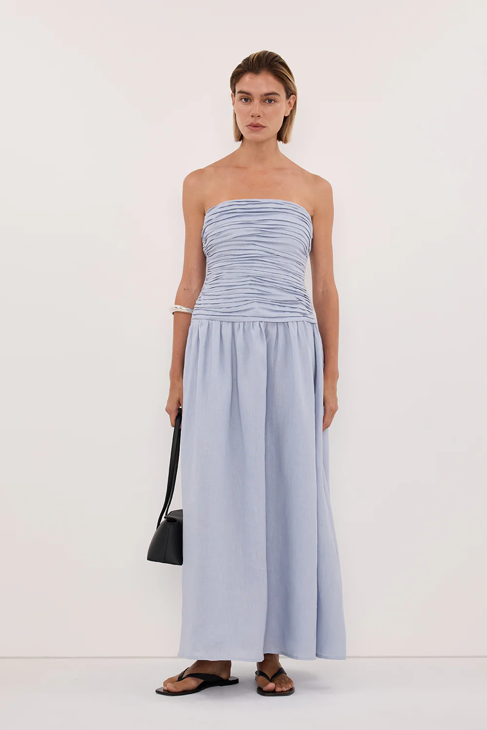AUBRIELLA DUSTY BLUE LINEN MIDI DRESS - Image 3