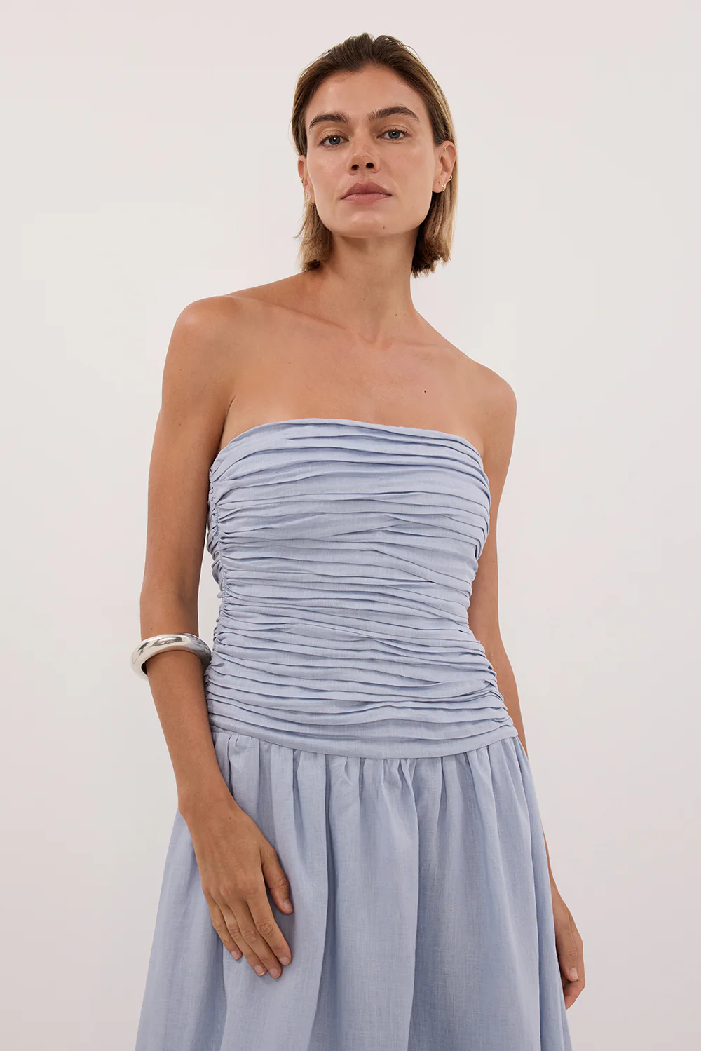 AUBRIELLA DUSTY BLUE LINEN MIDI DRESS - Image 4
