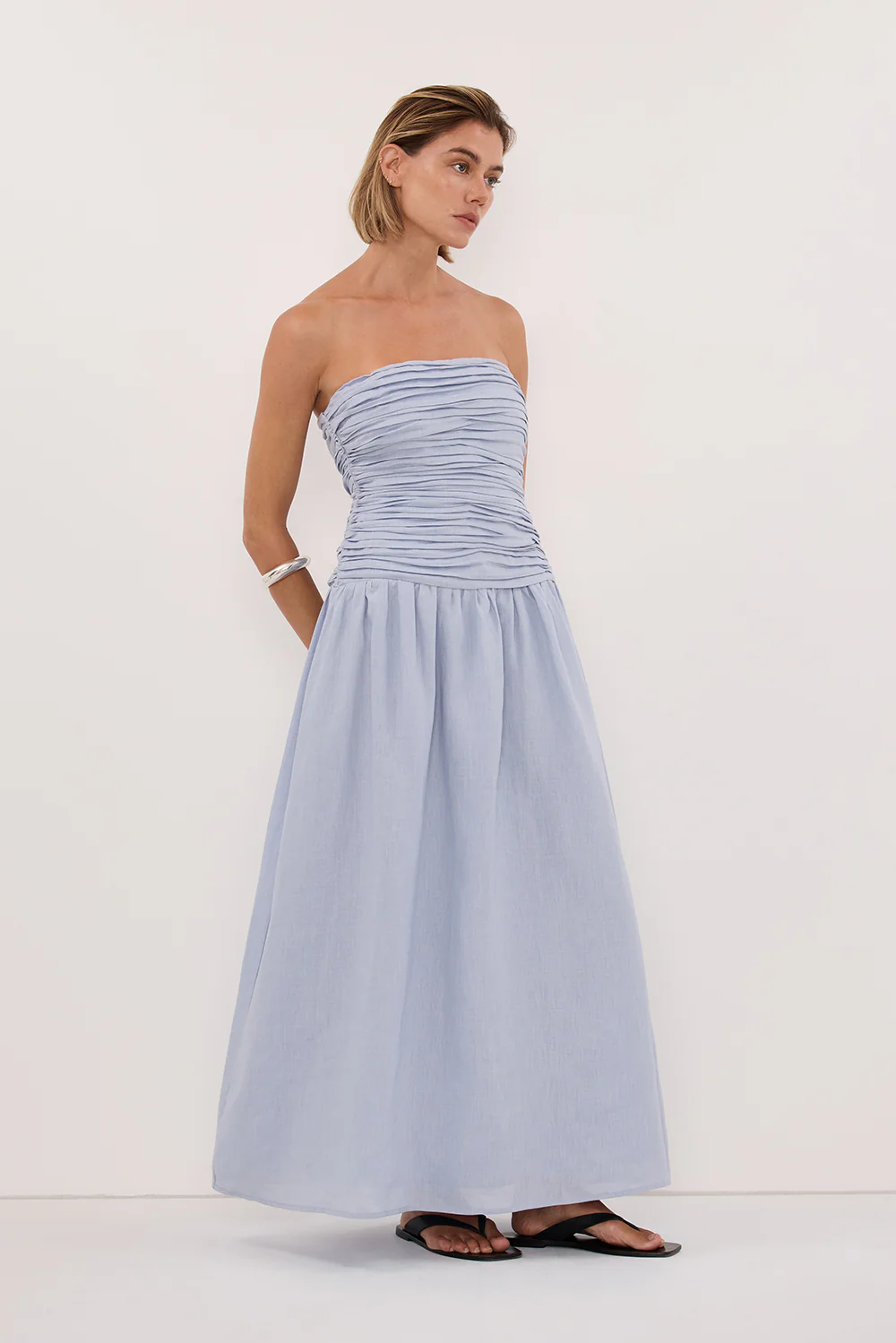 AUBRIELLA DUSTY BLUE LINEN MIDI DRESS - Image 5