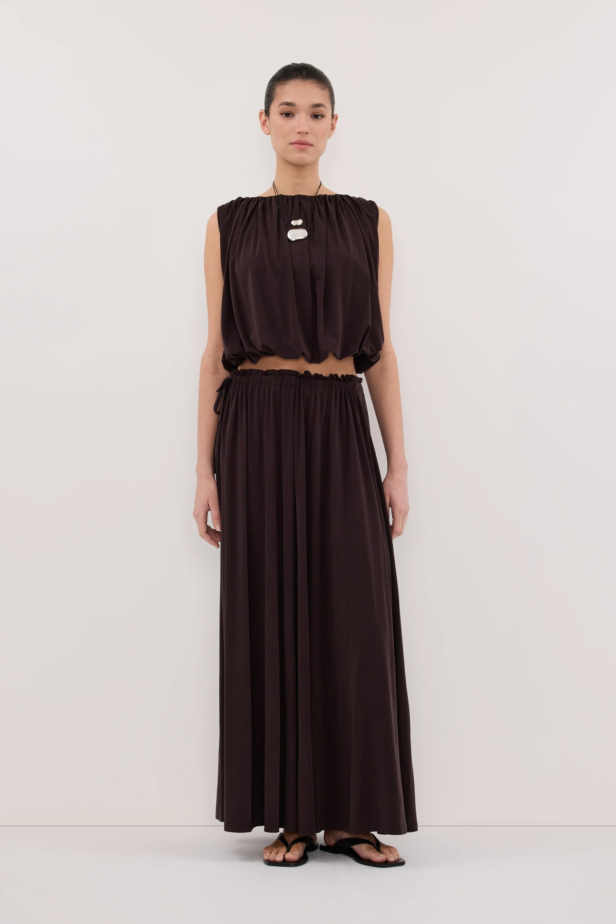 AVA BURNT CHOC MODAL BLEND MIDI SKIRT