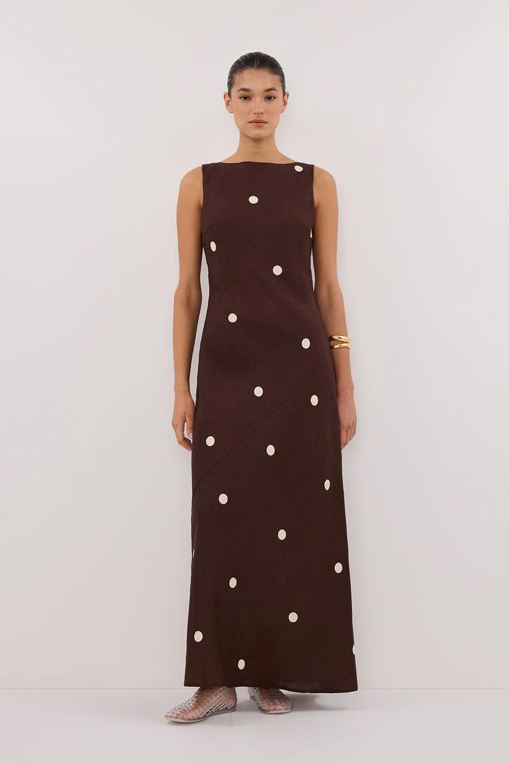 BEVERLY BITTER CHOC SPOT LINEN MIDI DRESS