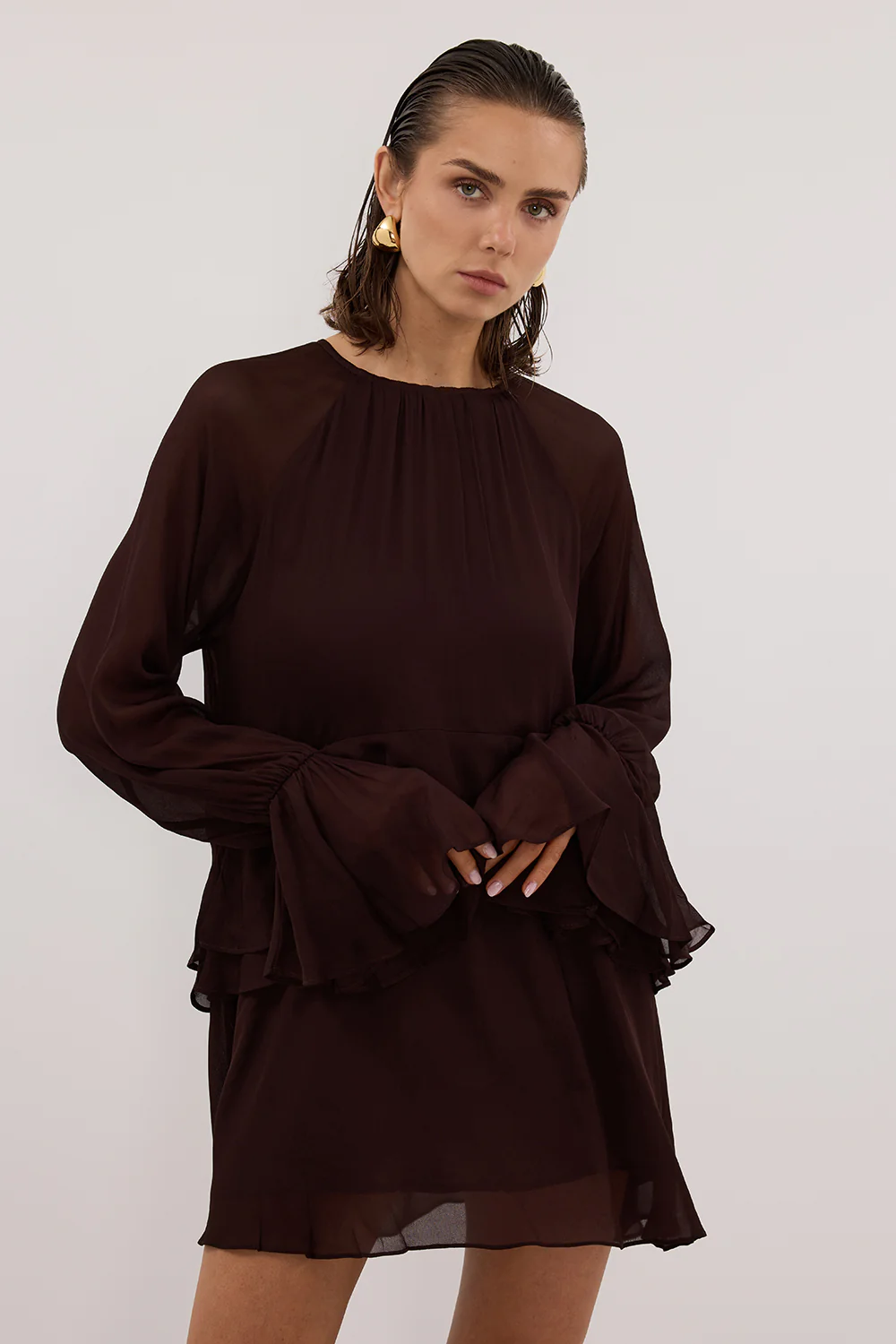 BODHI DARK CHOC LONG SLEEVE MINI DRESS - Image 2