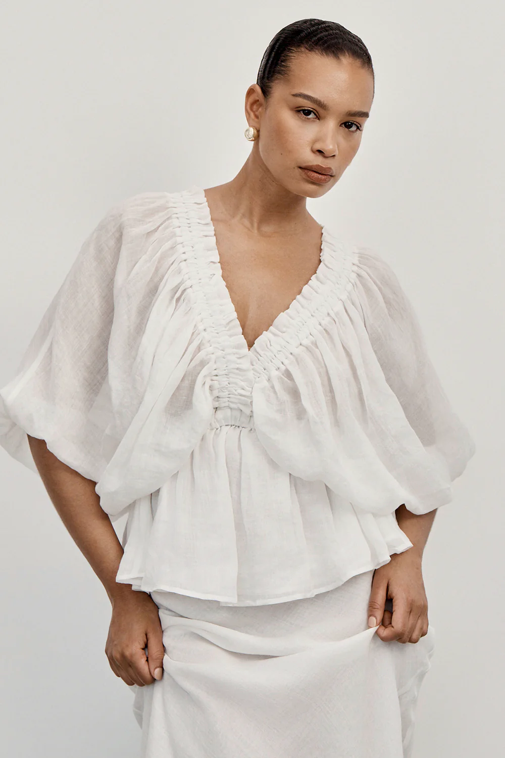 BRIELLE WHITE RAMIE LONG SLEEVE TOP