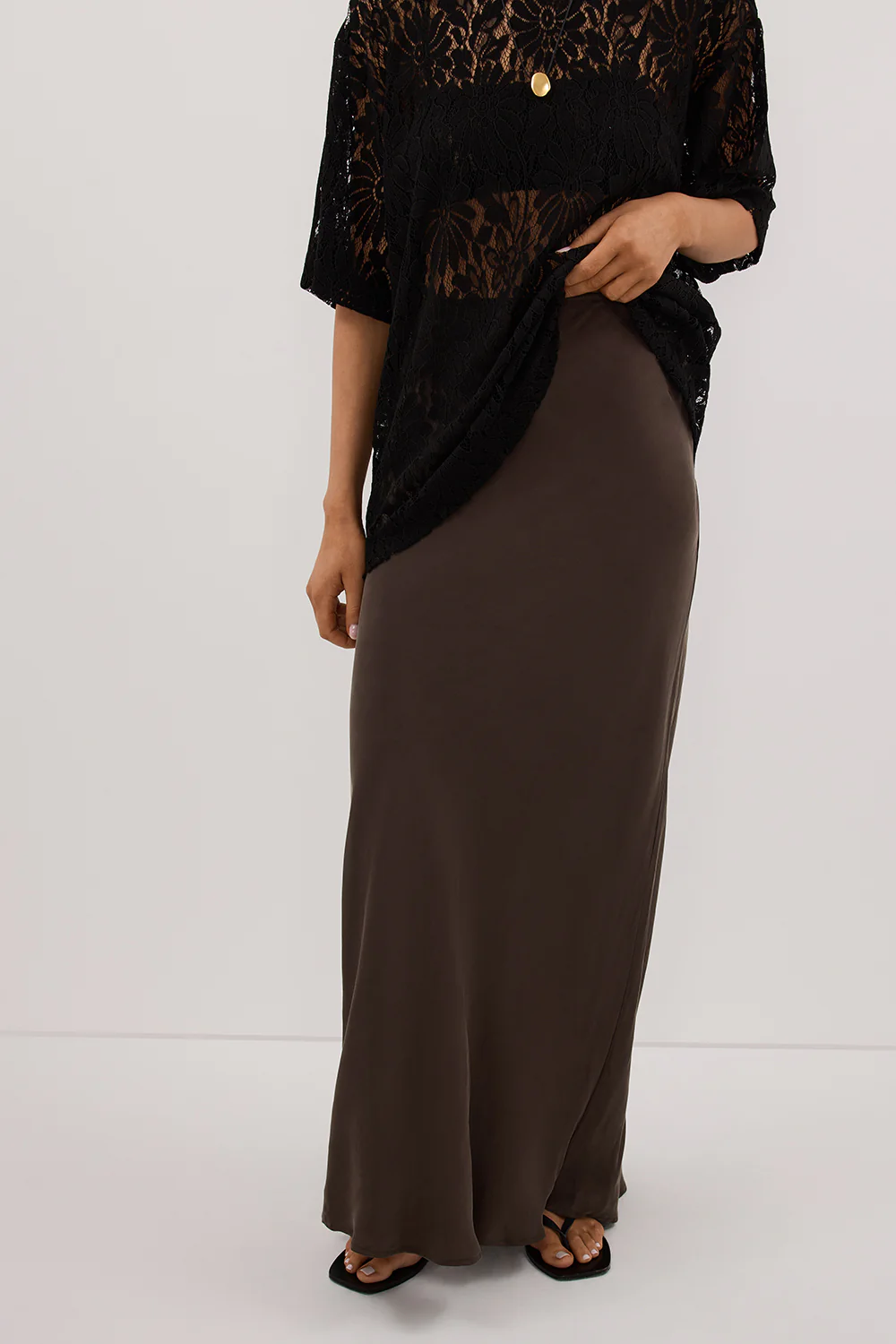 CONNIE BITTER CHOC CUPRO MAXI SKIRT - Image 2
