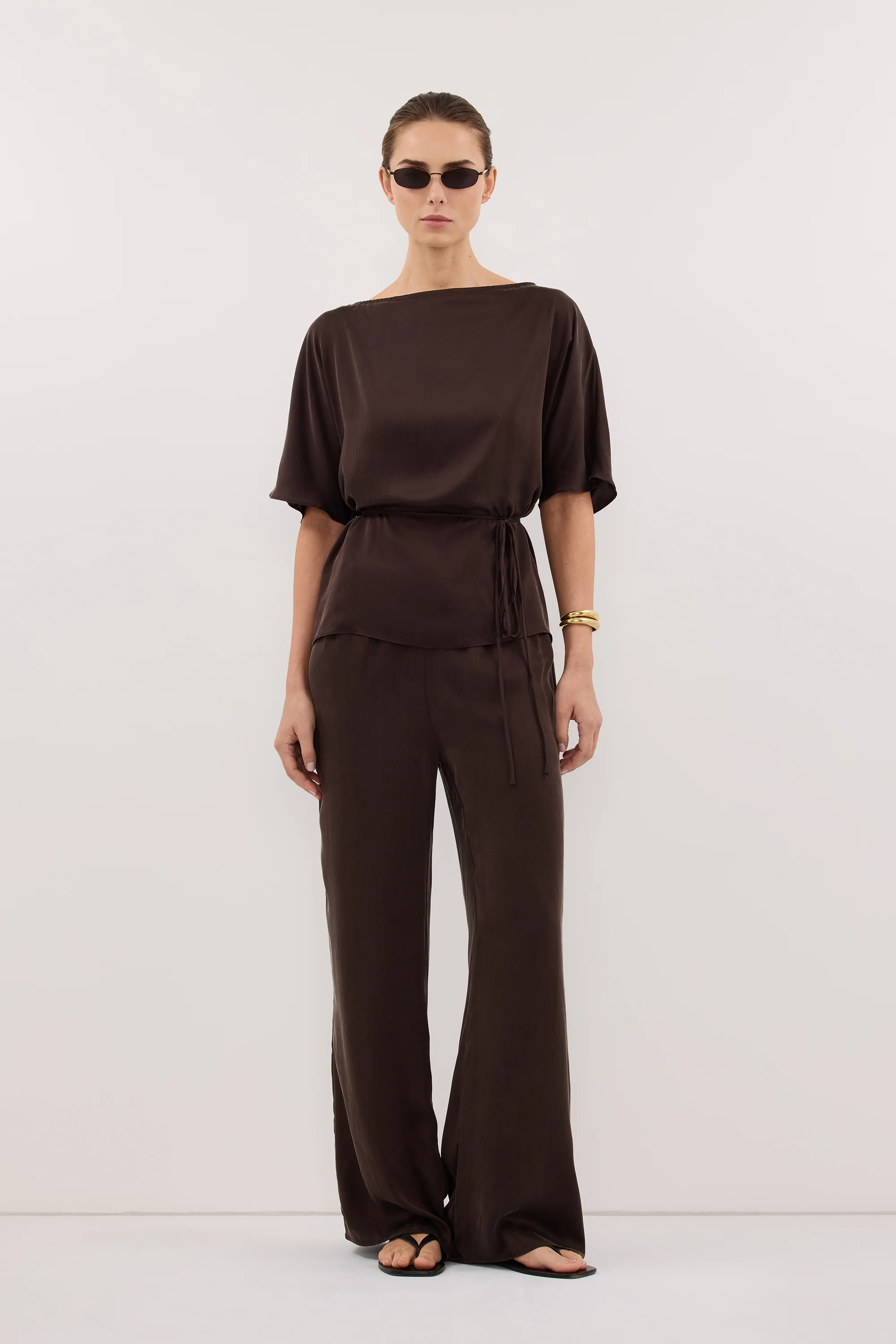 CORY BITTER CHOC SILK ASYM BATWING TOP
