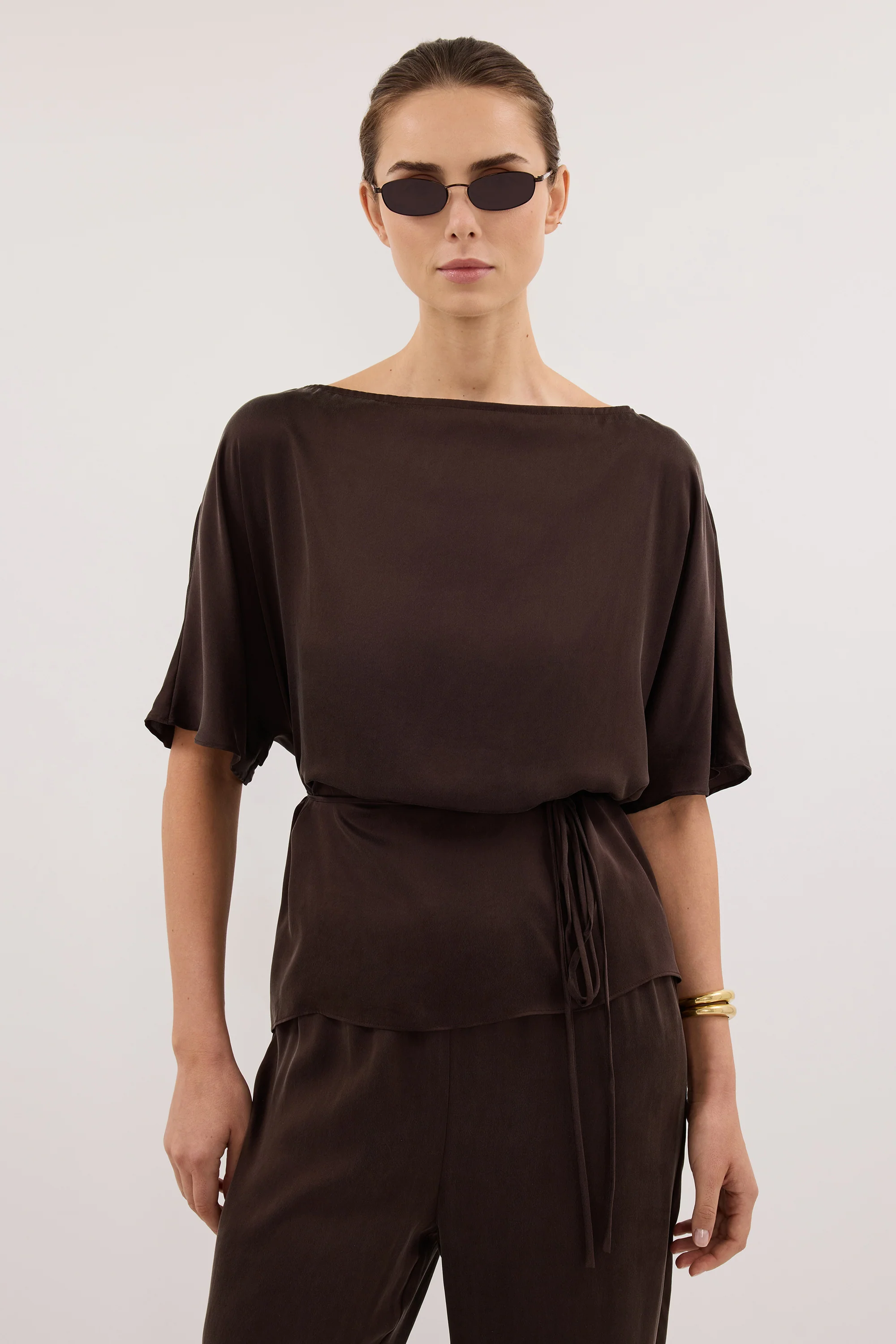 CORY BITTER CHOC SILK ASYM BATWING TOP - Image 2