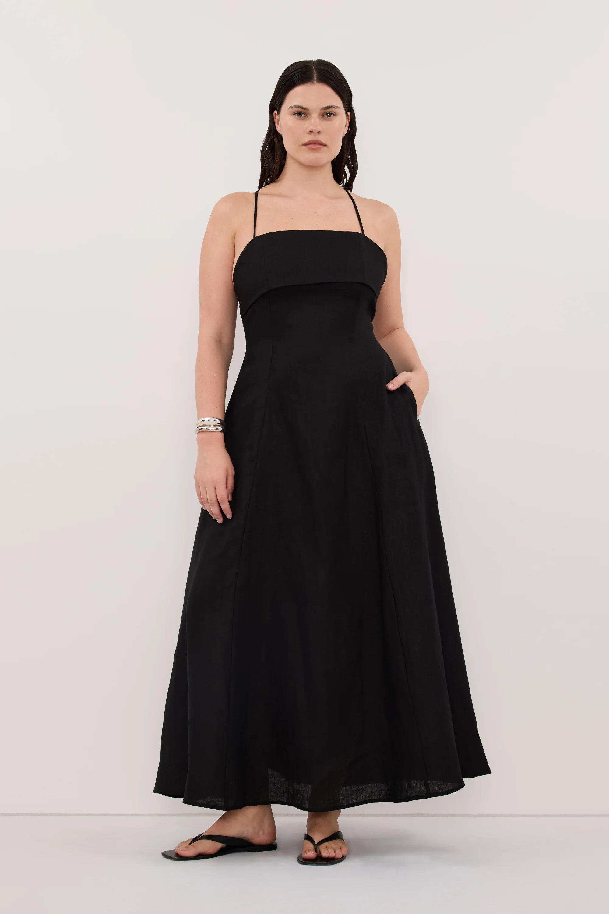 DANIELLA BLACK LINEN TIE BACK MIDI DRESS - Image 6