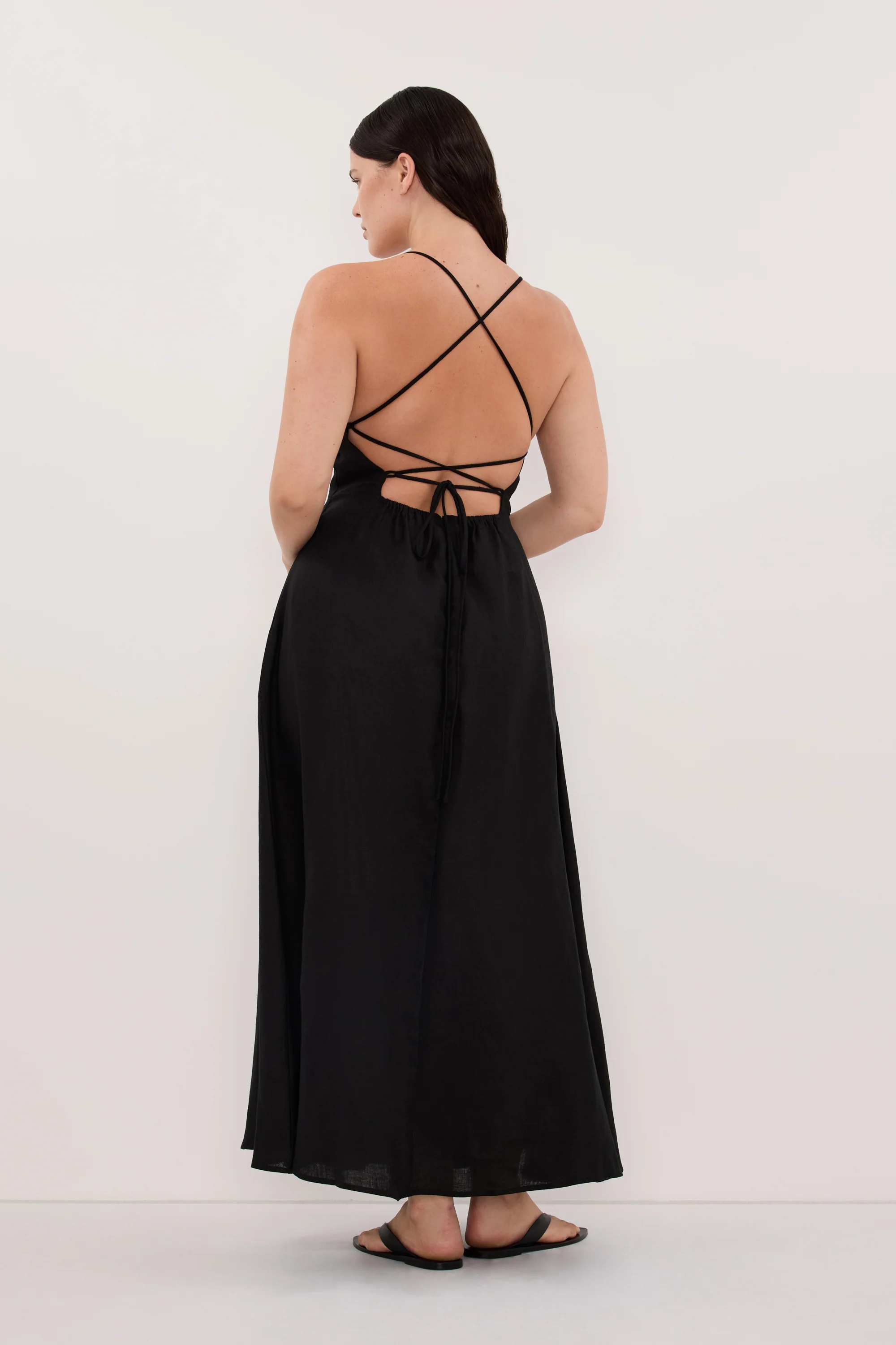 DANIELLA BLACK LINEN TIE BACK MIDI DRESS - Image 7