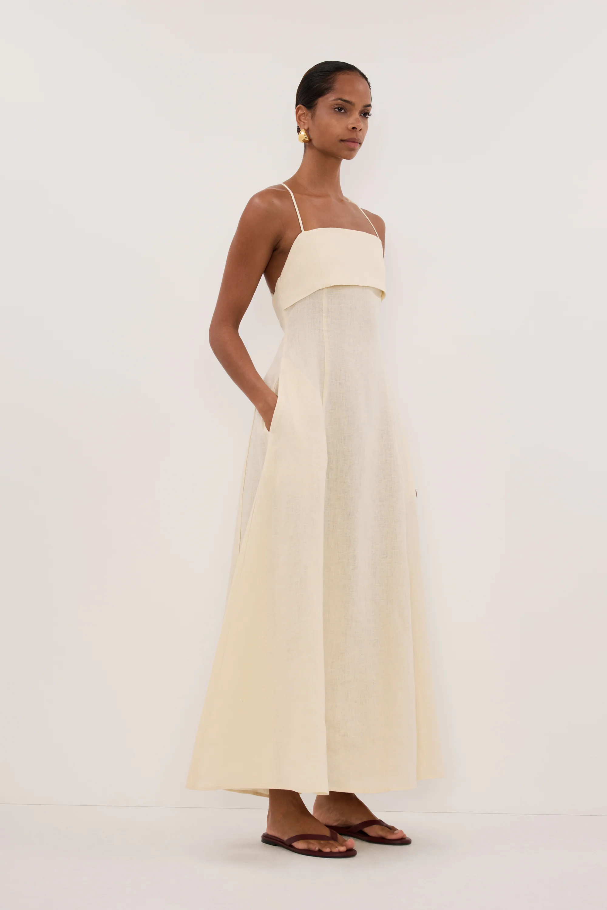 DANIELLA STRAW LINEN TIE BACK MIDI DRESS - Image 3