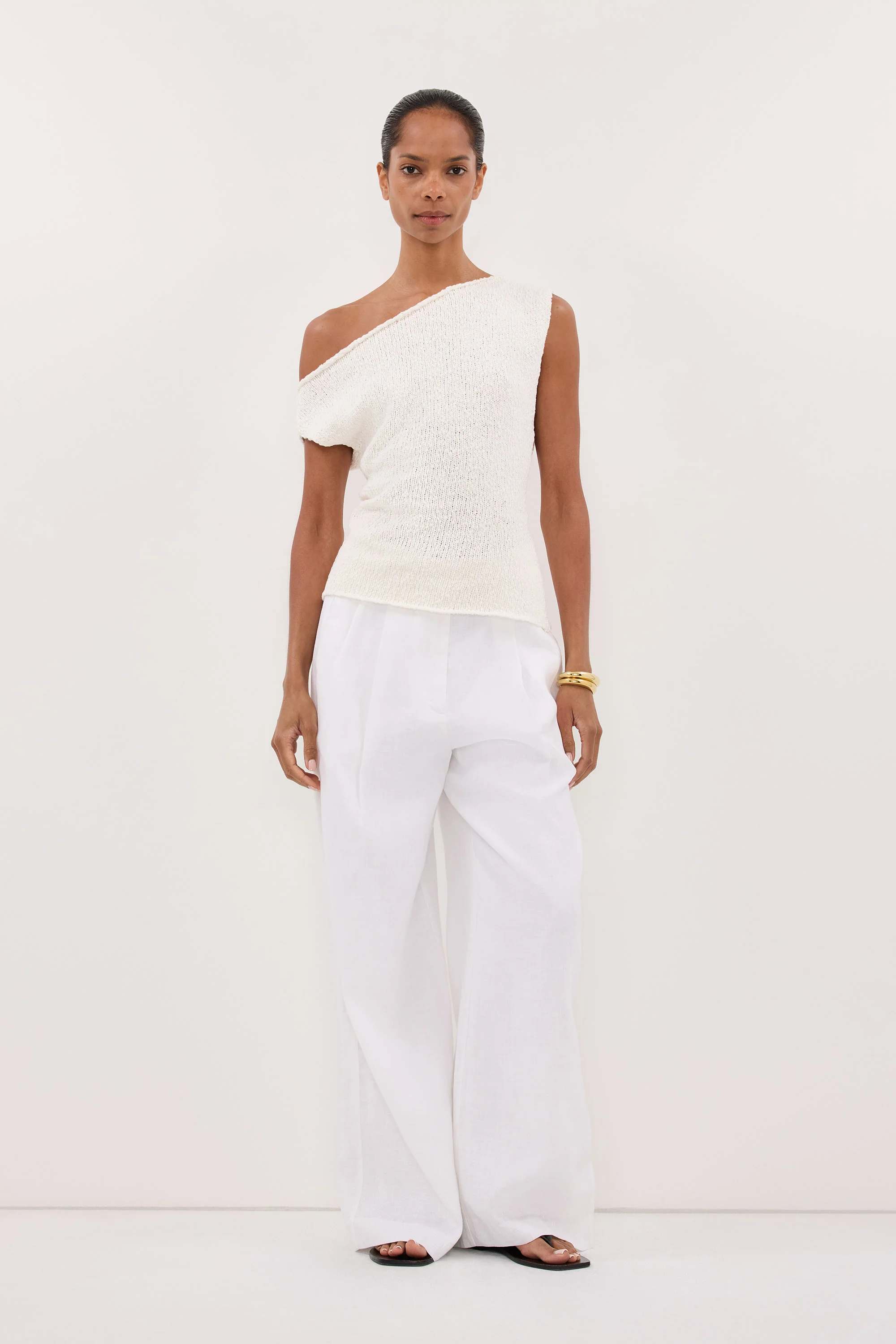 DINA OFF WHITE COTTON ASYM KNIT TOP