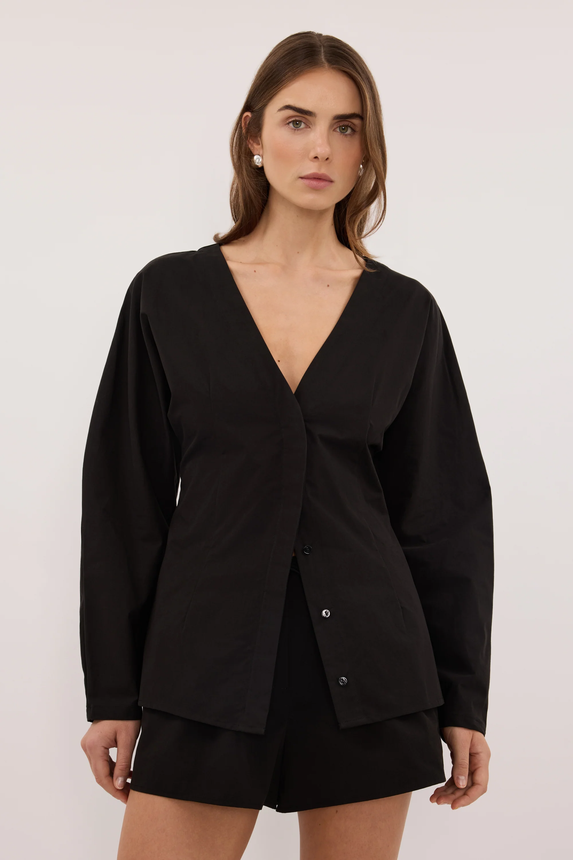 EDENA BLACK COTTON FITTED SHIRT - Image 2