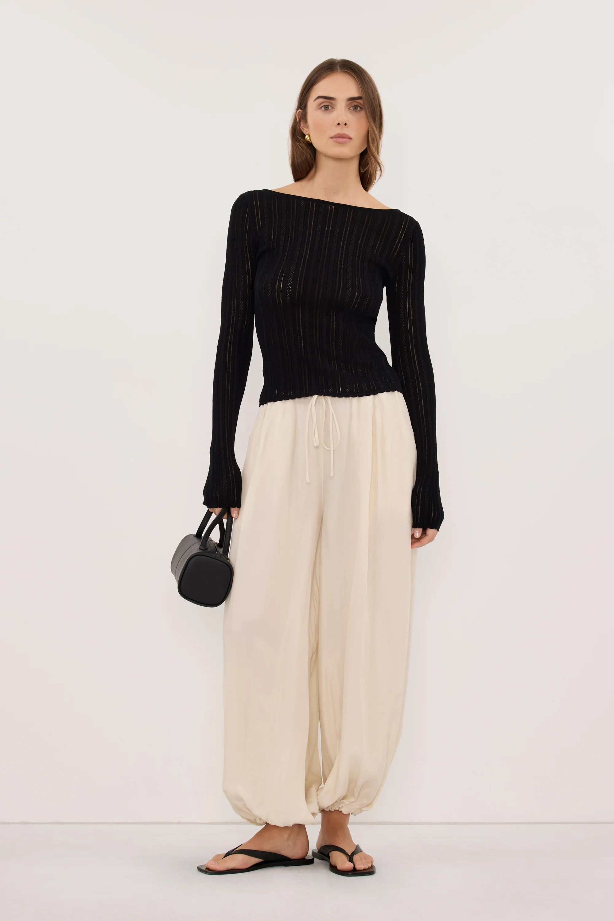 ELENA BLACK POINTELLE LONG SLEEVE KNIT TOP