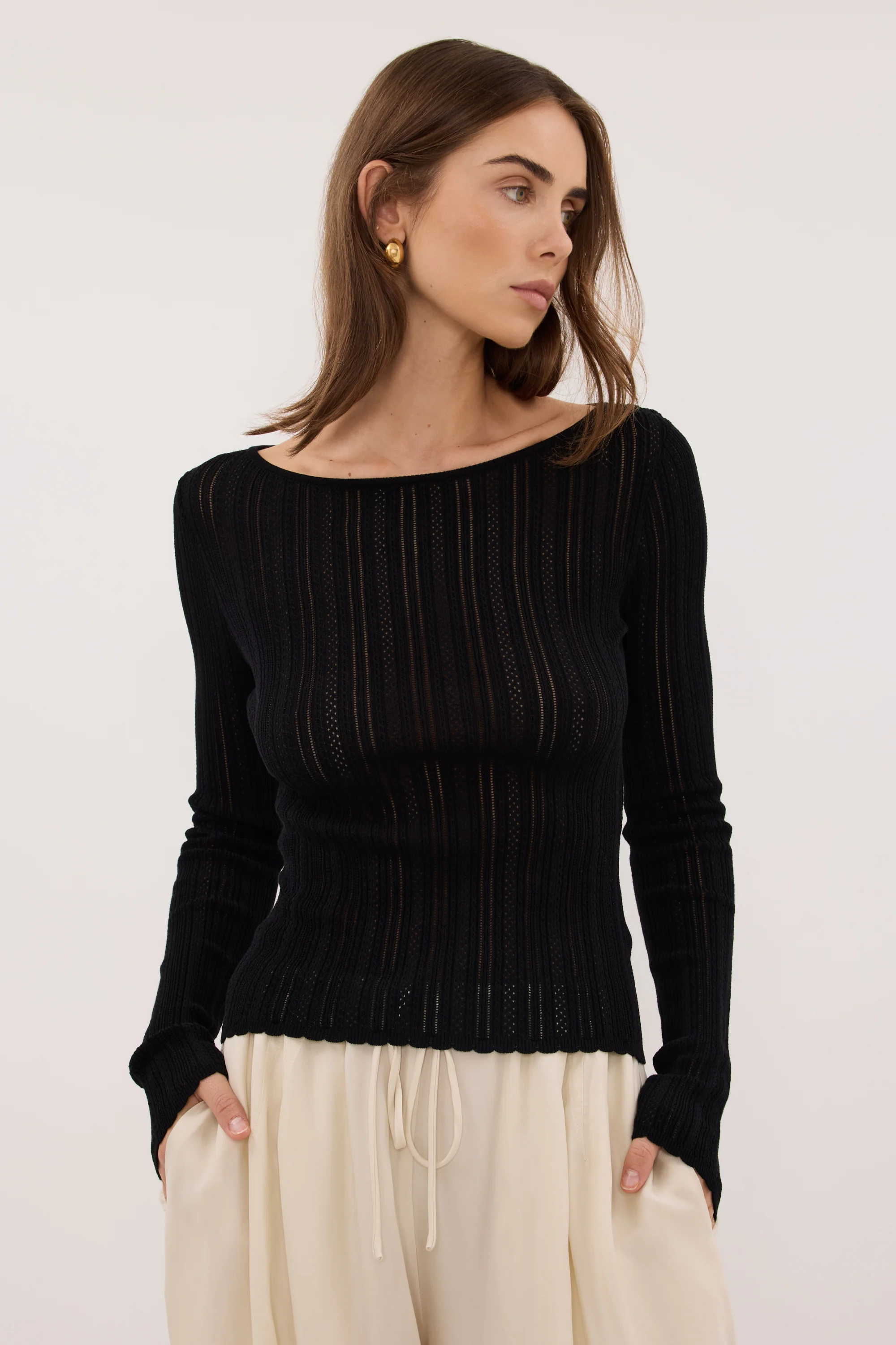 ELENA BLACK POINTELLE LONG SLEEVE KNIT TOP - Image 2