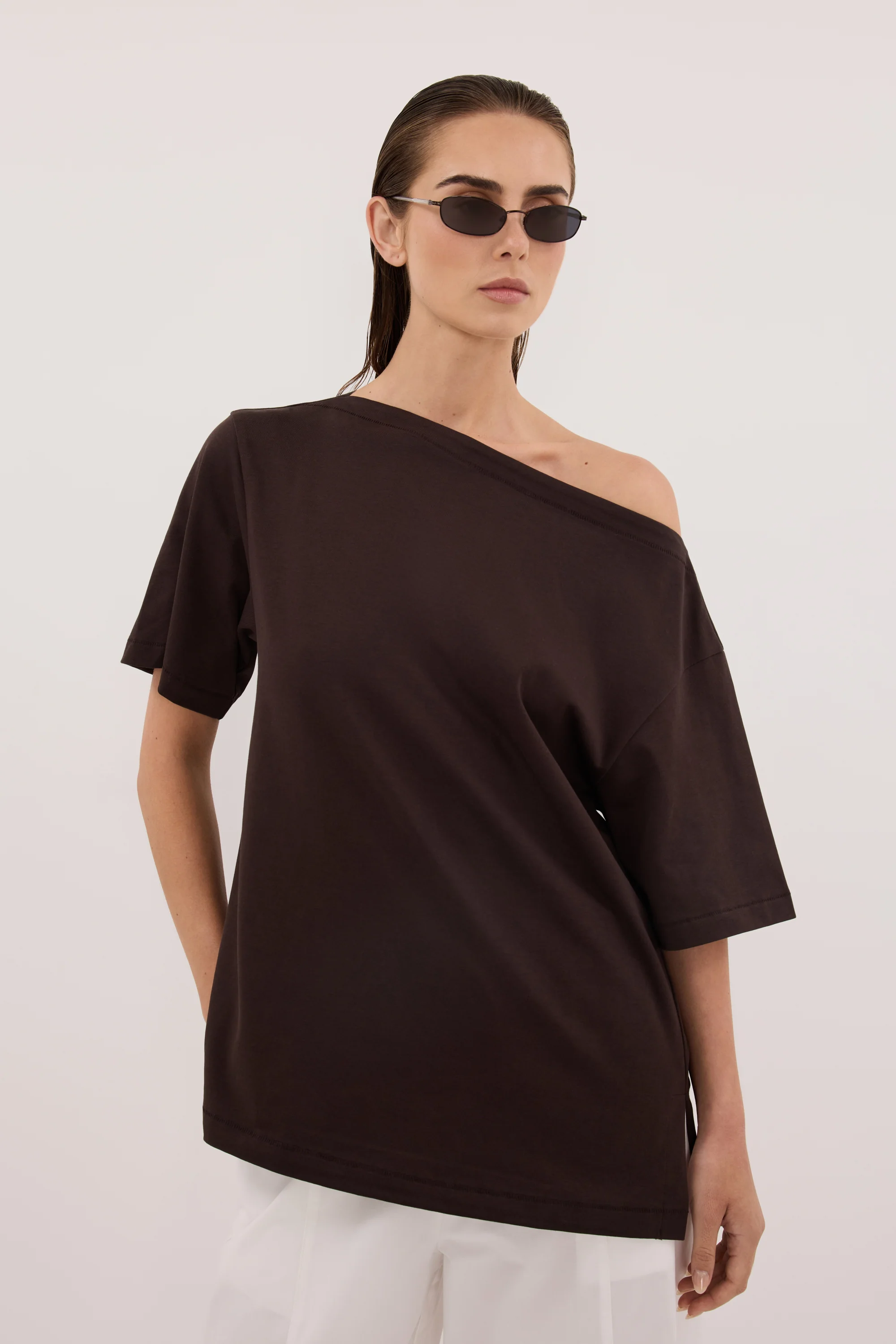 ESME BITTER CHOC ASYM BOAT NECK TEE - Image 2