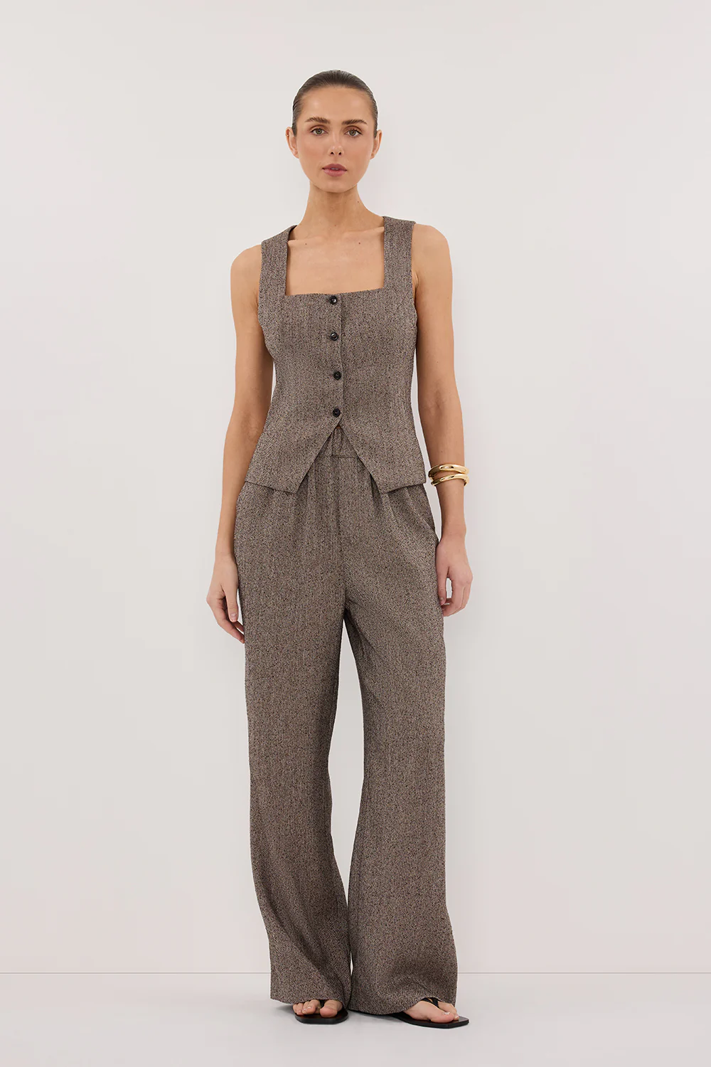 FRANKIE CHOC TWEED SQUARE NECK VEST