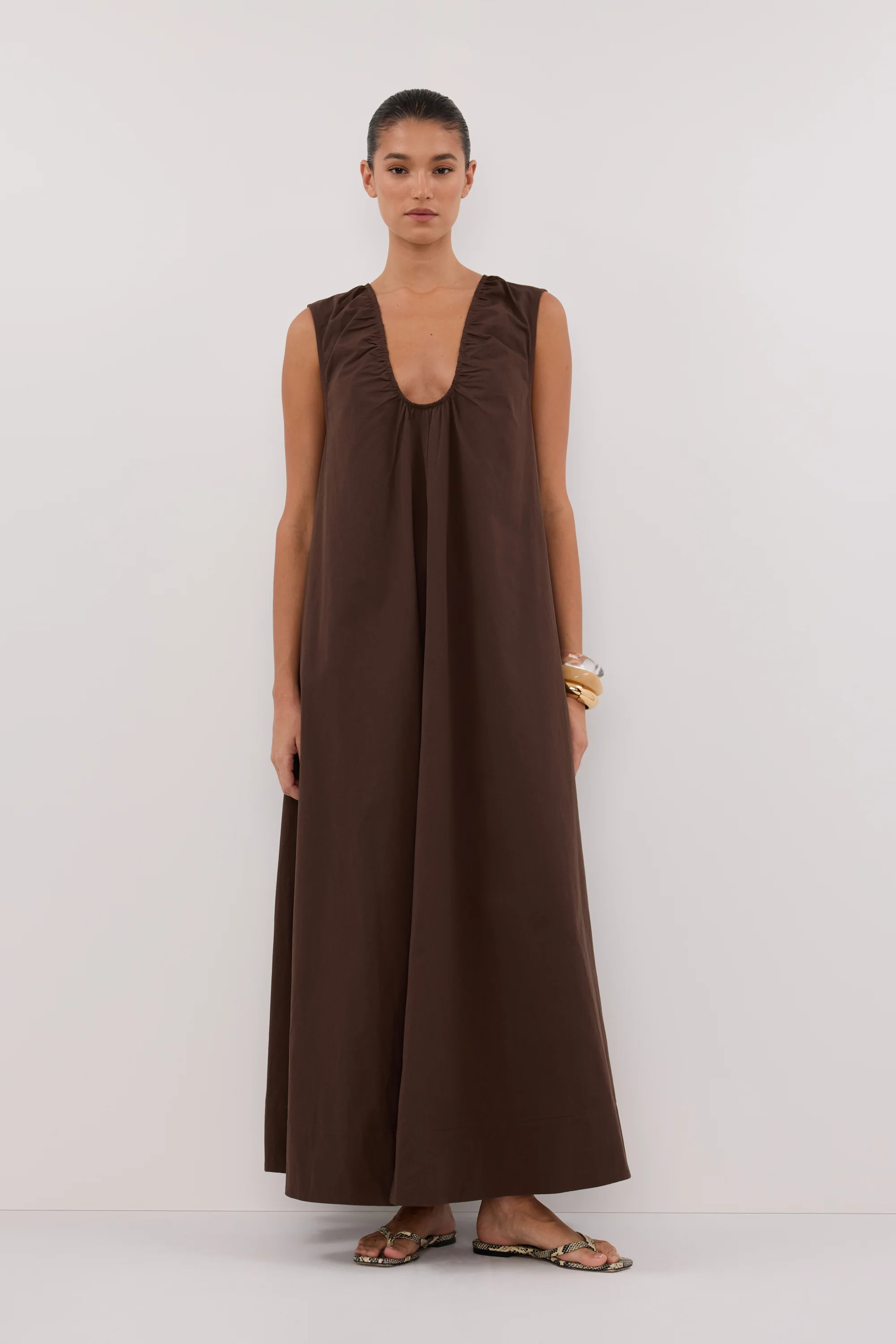 GABBY BITTER CHOC OVERSIZED COTTON MIDI DRESS