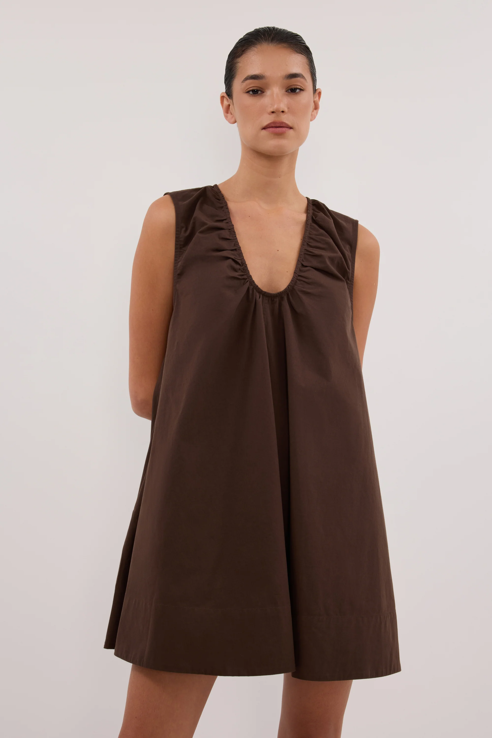 GABBY BITTER CHOC OVERSIZED COTTON MINI DRESS - Image 2