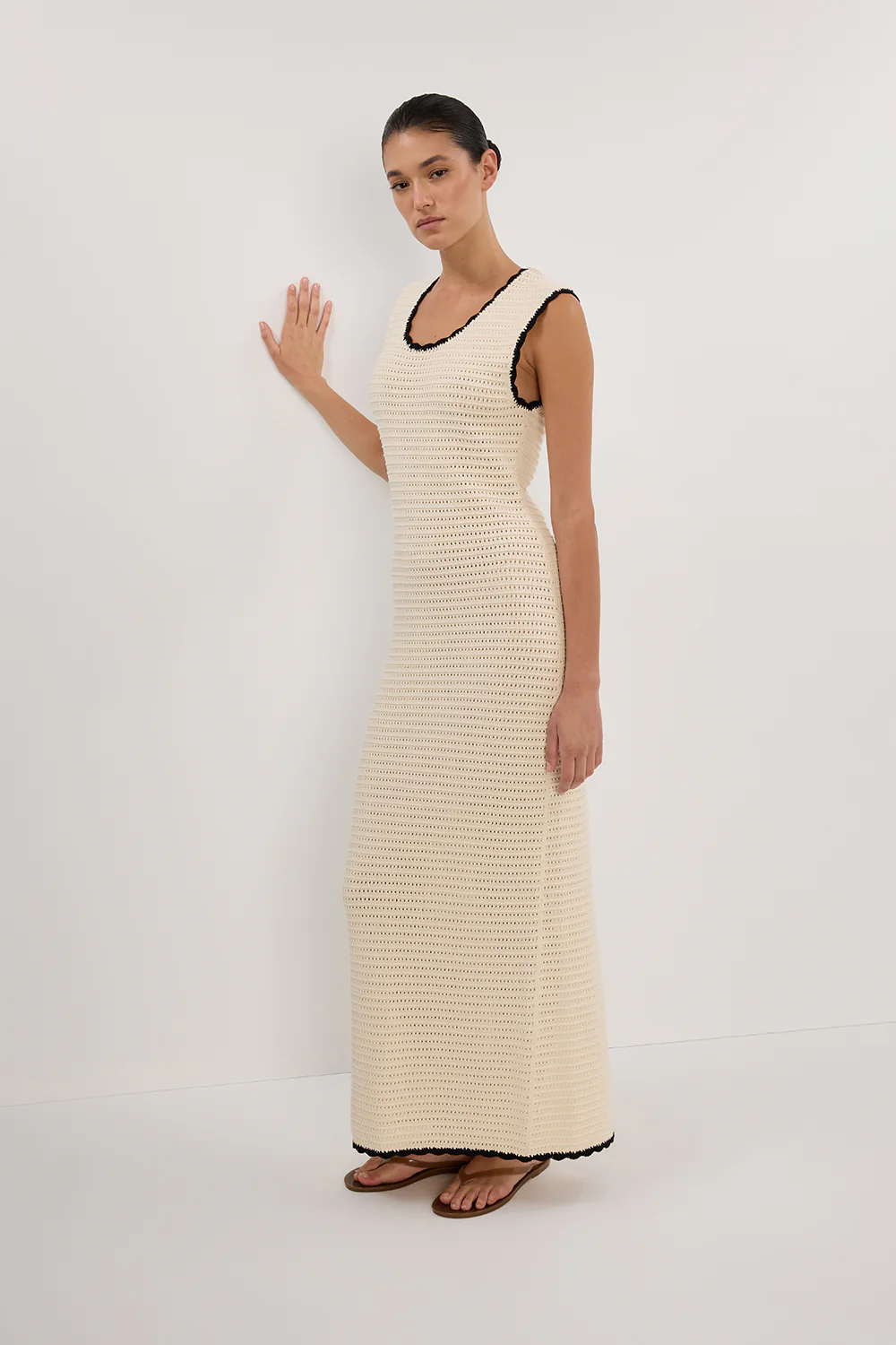 GINA CREAM SCOOP CROCHET MIDI DRESS