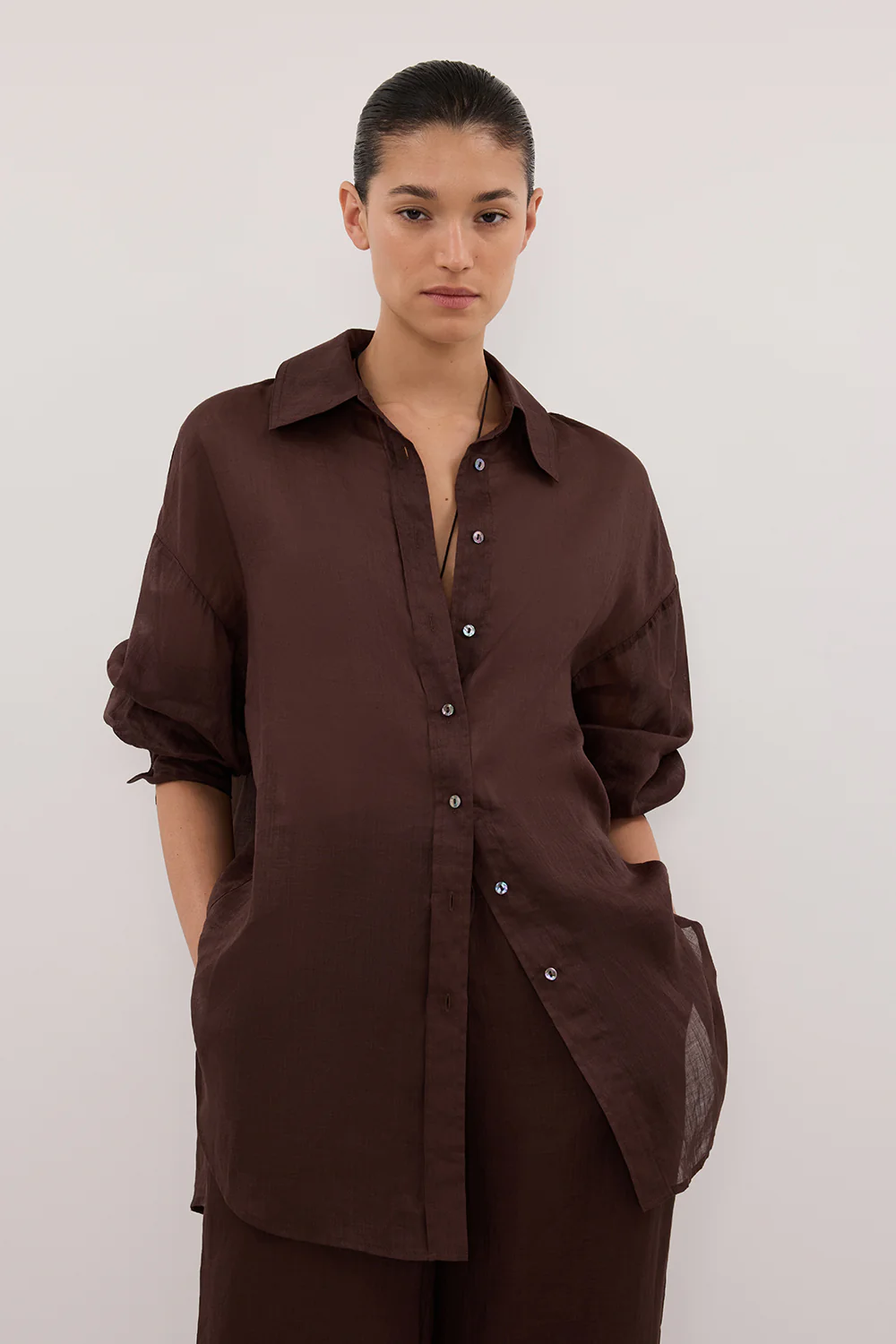GINNY BURNT CHOC LONG SLEEVE RAMIE SHIRT - Image 2