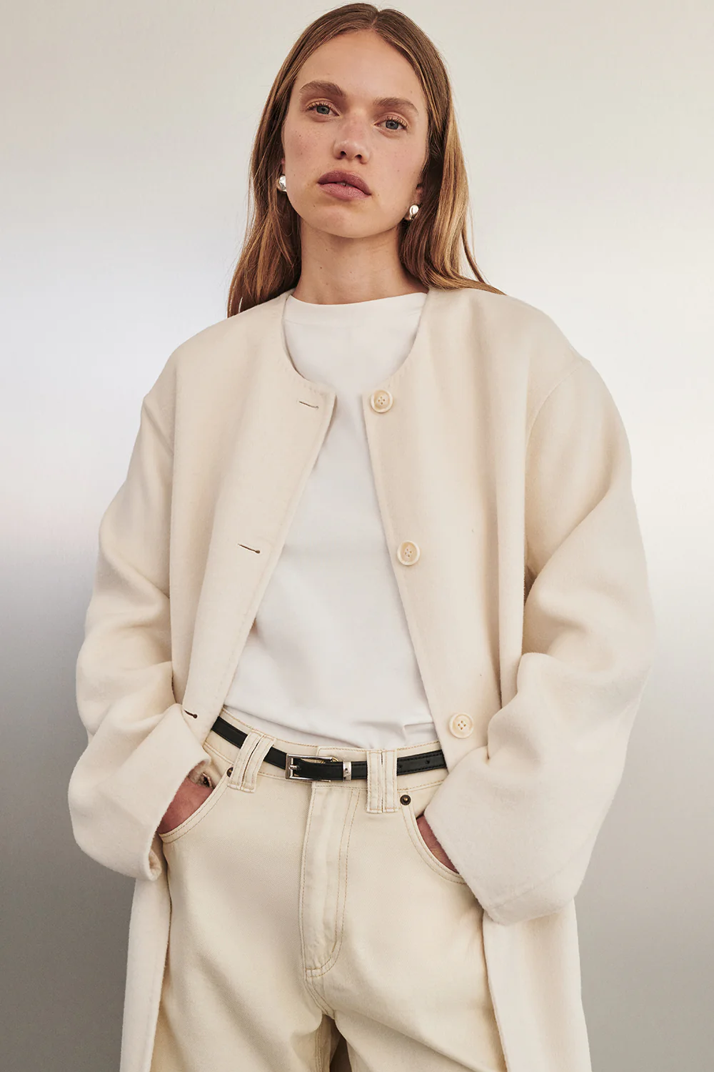 GRETA OFF WHITE COLLARLESS WOOL BLEND COAT
