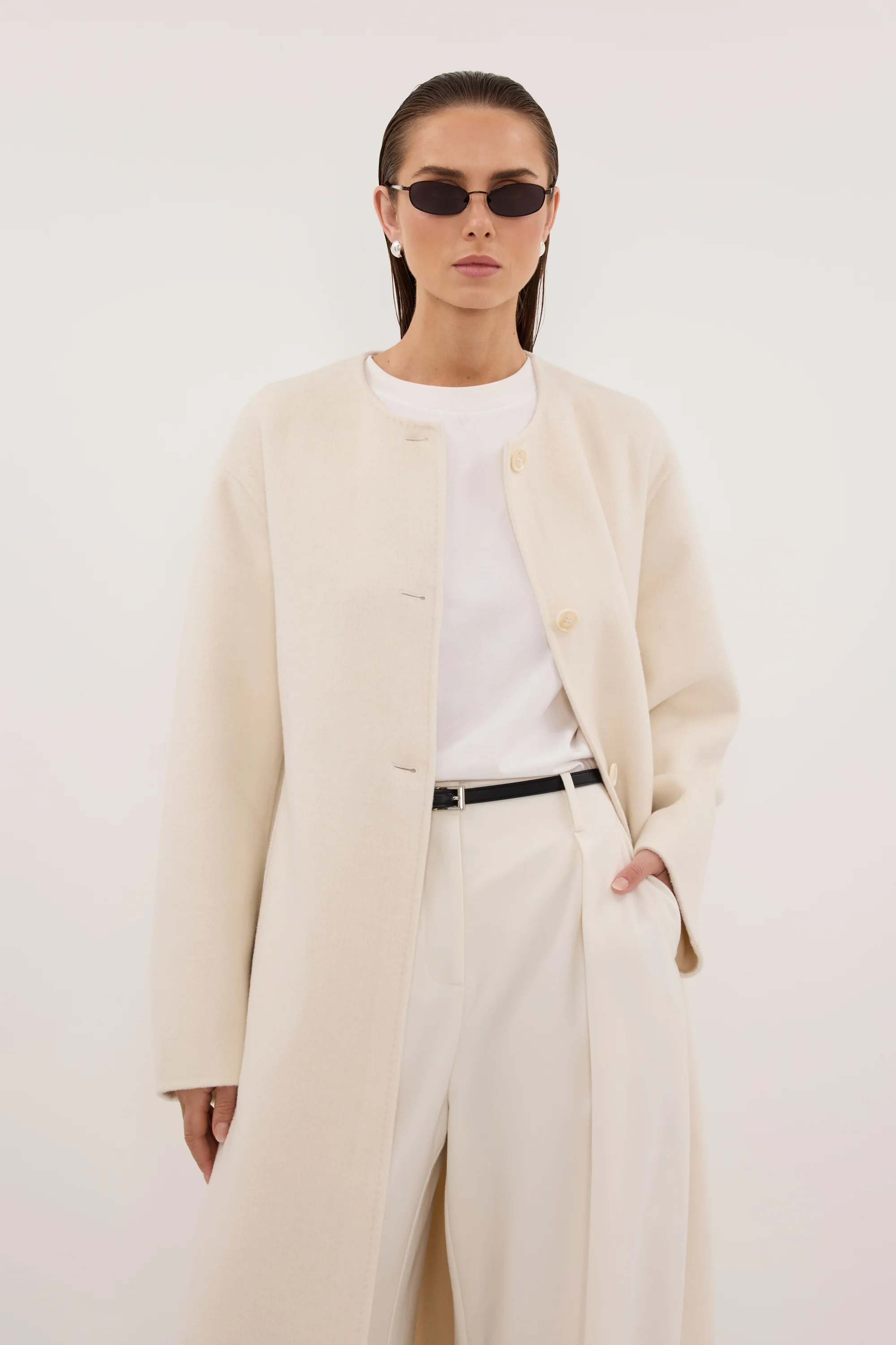 GRETA OFF WHITE COLLARLESS WOOL BLEND COAT - Image 3