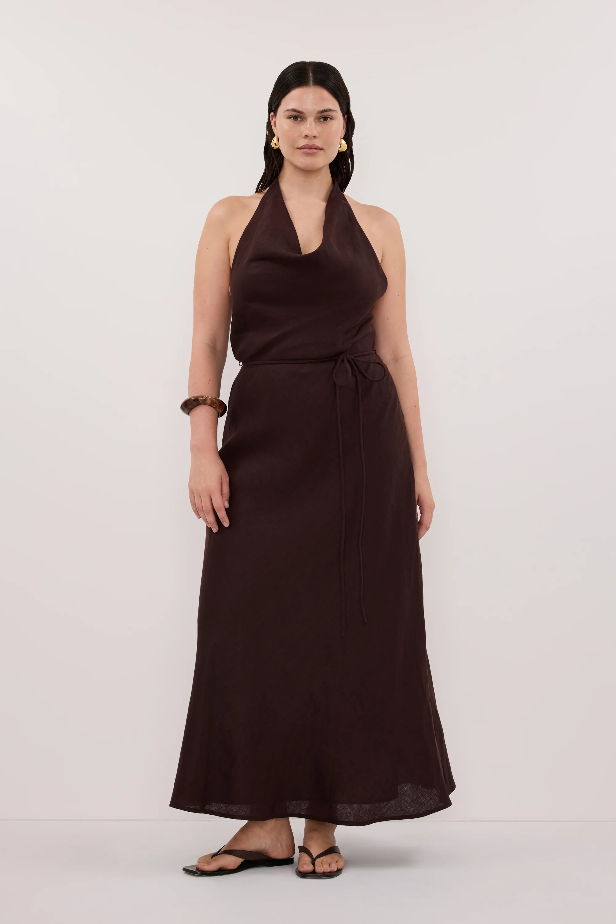 HAYLEE BURNT CHOC SLEEVELESS LINEN COWL MIDI DRESS - Image 6
