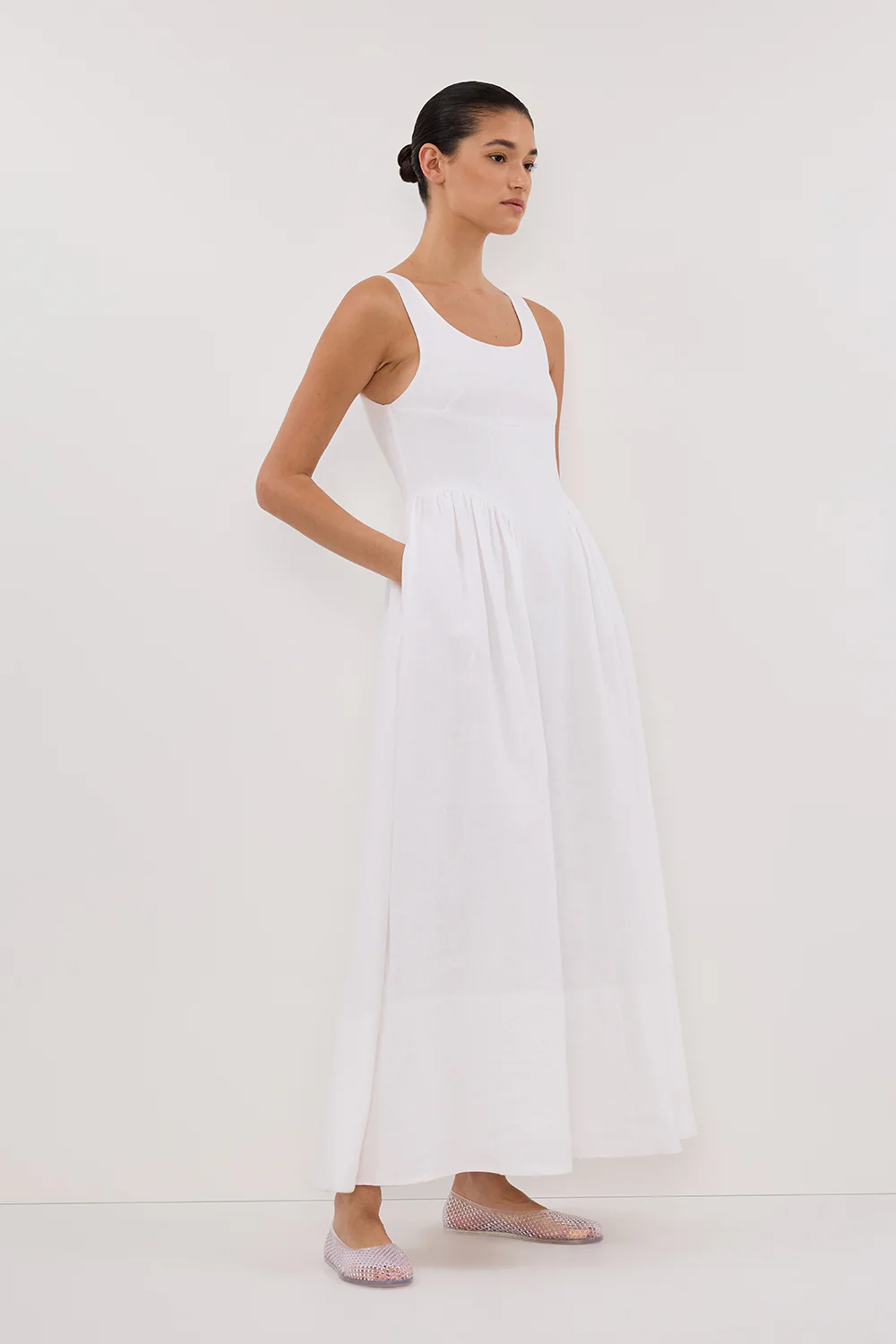 IBIZA WHITE LINEN MIDI DRESS - Image 2