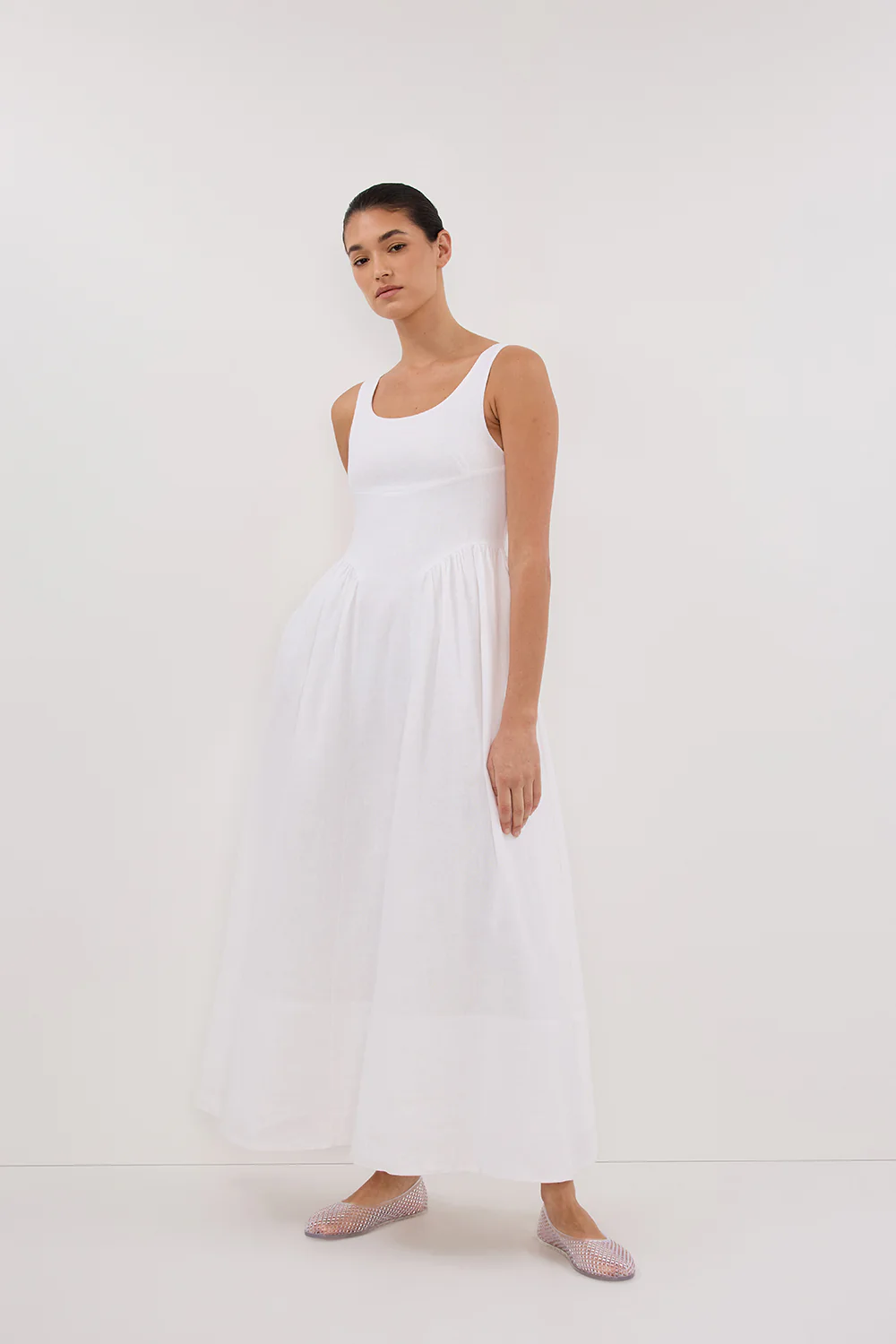 IBIZA WHITE LINEN MIDI DRESS - Image 4