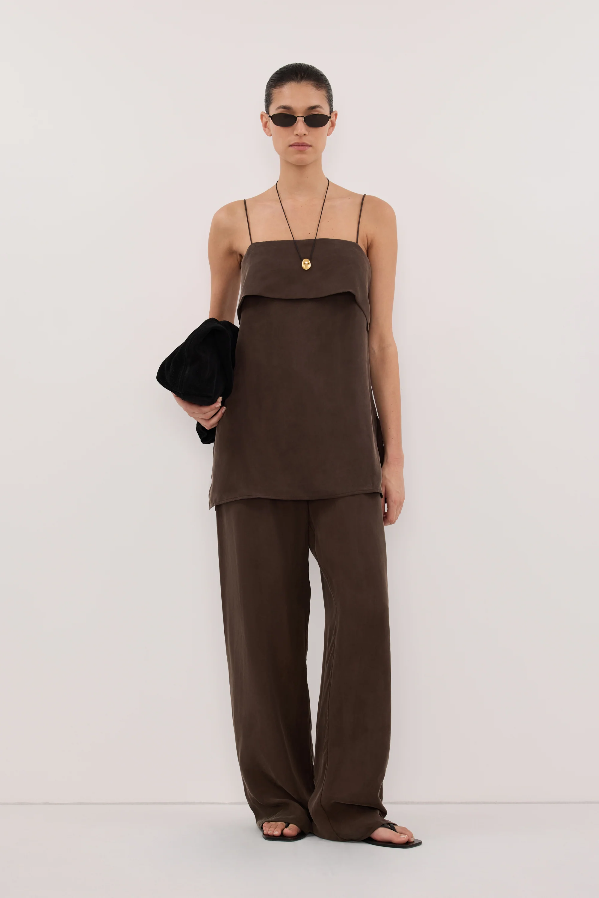 IDA BITTER CHOC SLEEVELESS FOLDOVER CAMI TOP