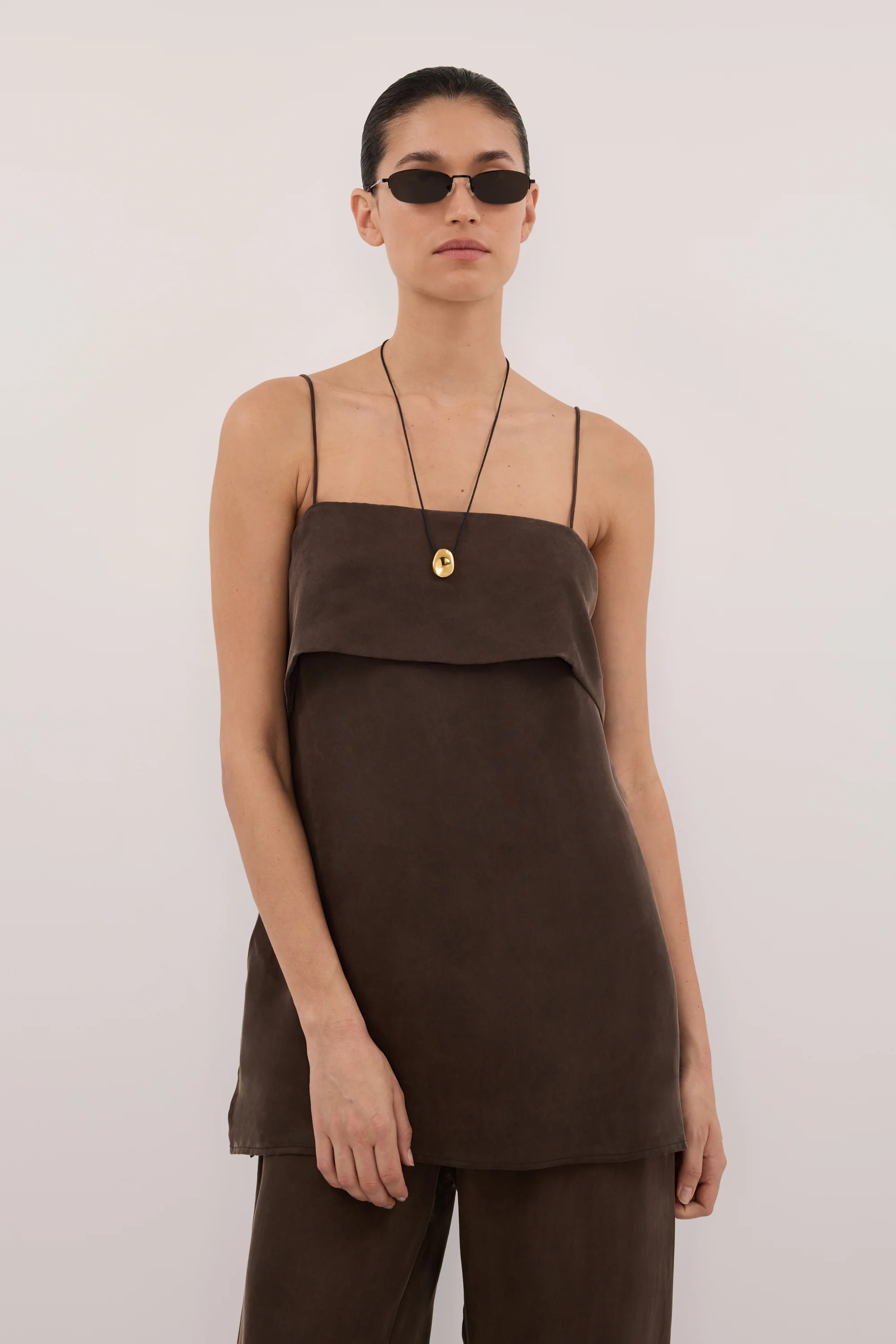 IDA BITTER CHOC SLEEVELESS FOLDOVER CAMI TOP - Image 2