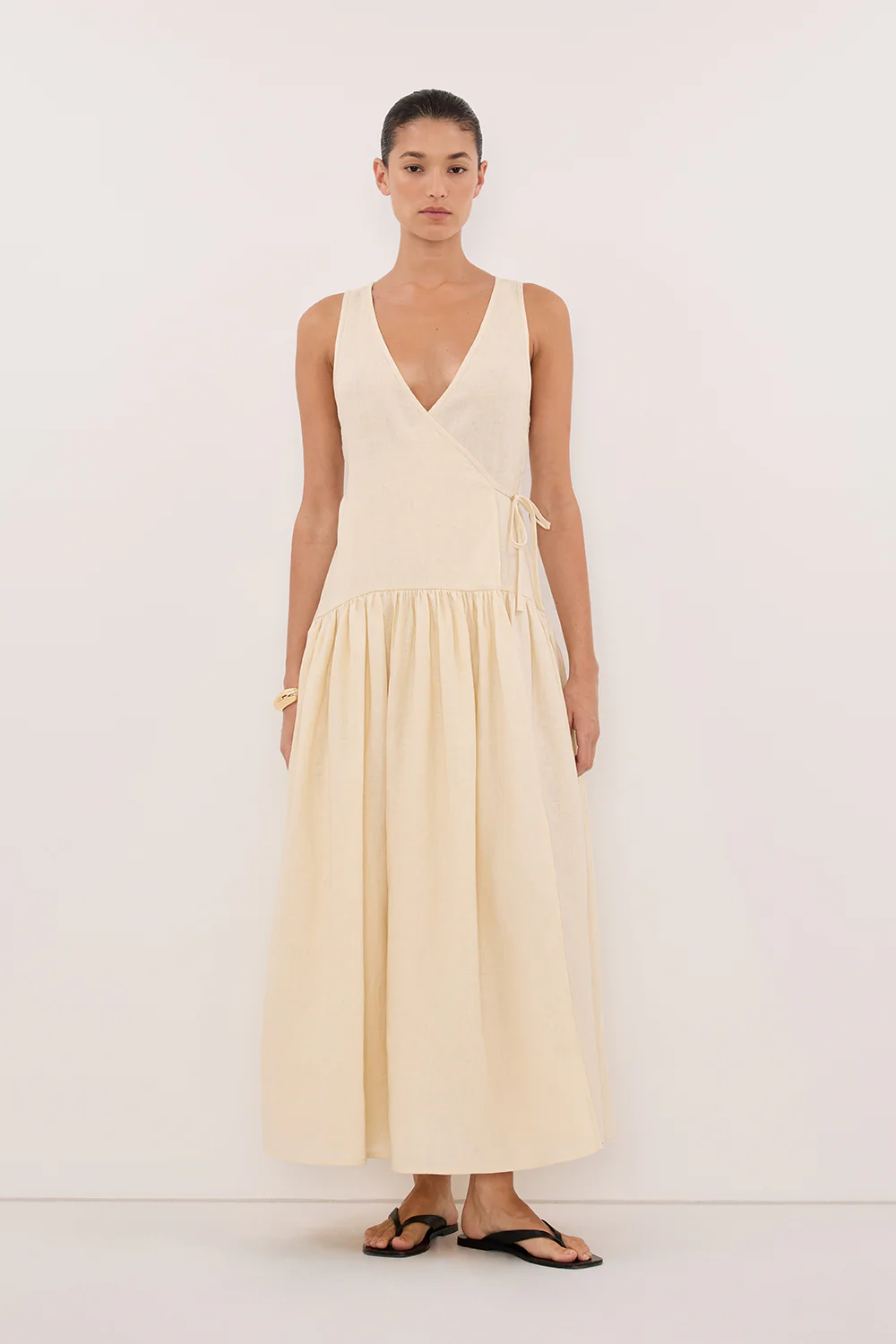 ILIO STRAW SLEEVELESS LINEN WRAP MIDI DRESS