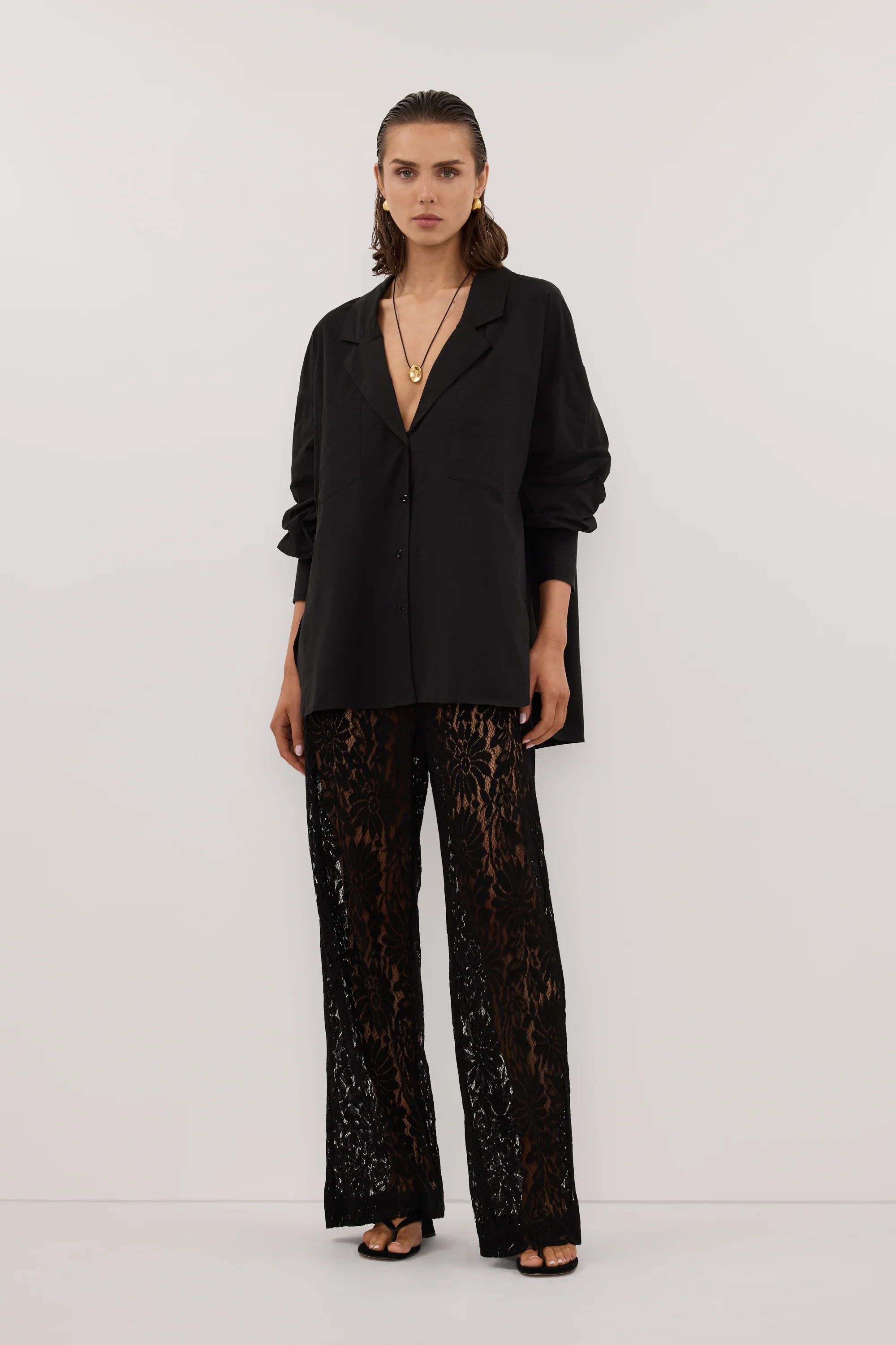 IRENE BLACK LONG SLEEVE NOTCH COLLAR SHIRT