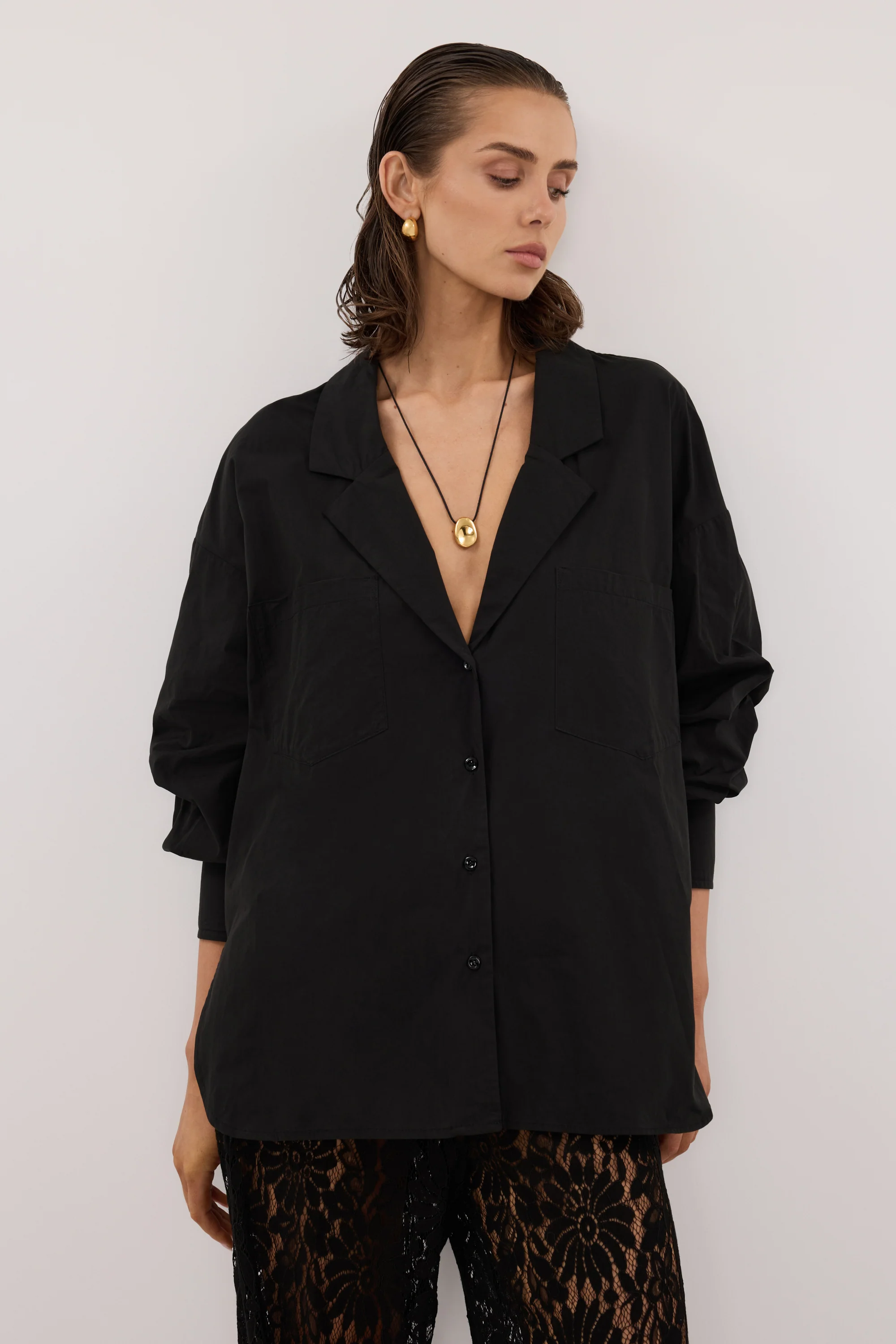 IRENE BLACK LONG SLEEVE NOTCH COLLAR SHIRT - Image 2
