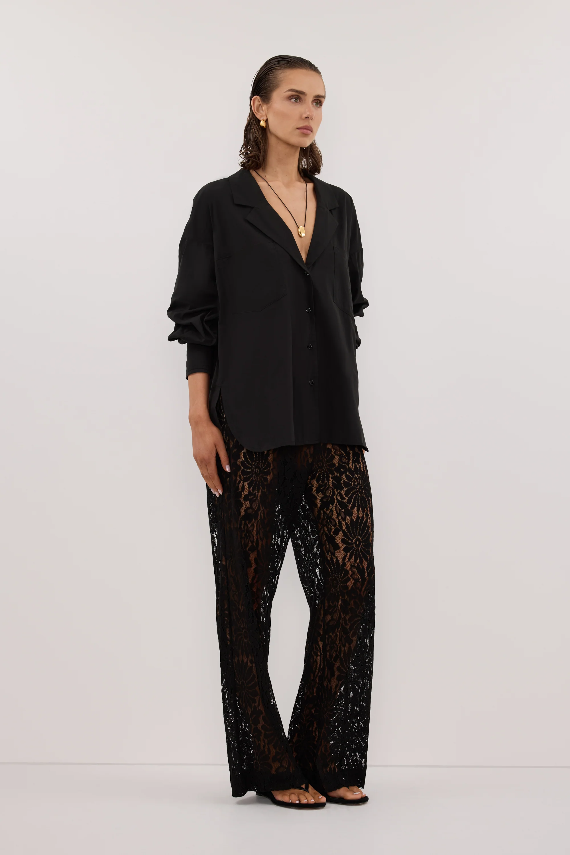 IRENE BLACK LONG SLEEVE NOTCH COLLAR SHIRT - Image 3