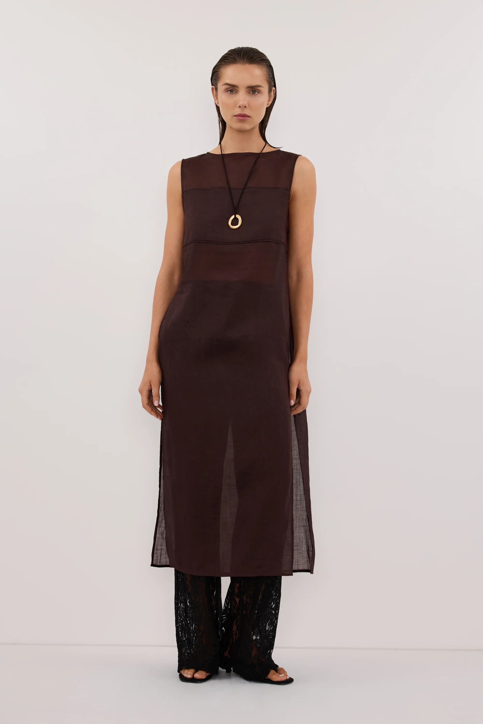 KAI BURNT CHOC SLEEVELESS RAMIE TUNIC TOP