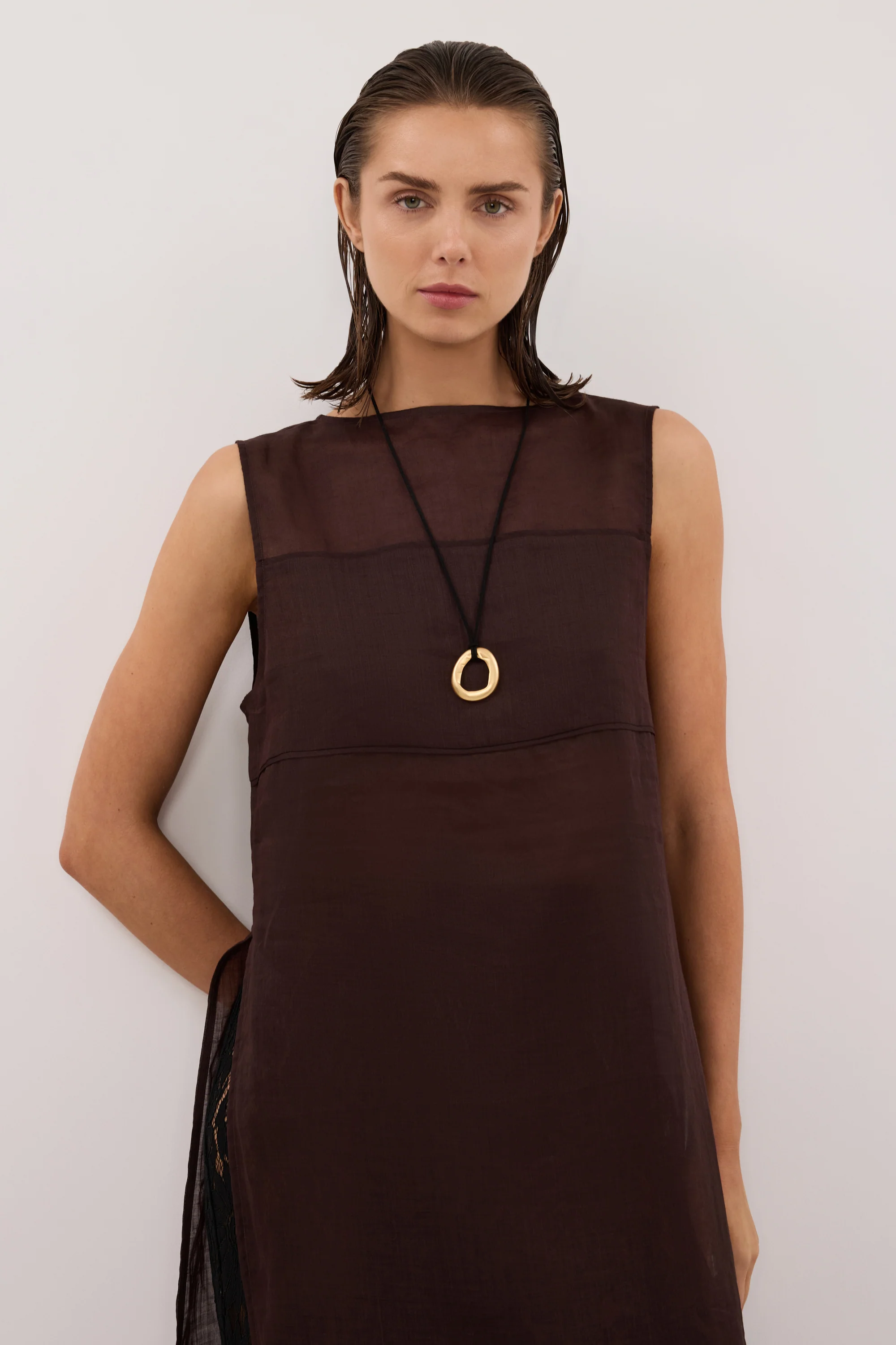 KAI BURNT CHOC SLEEVELESS RAMIE TUNIC TOP - Image 2