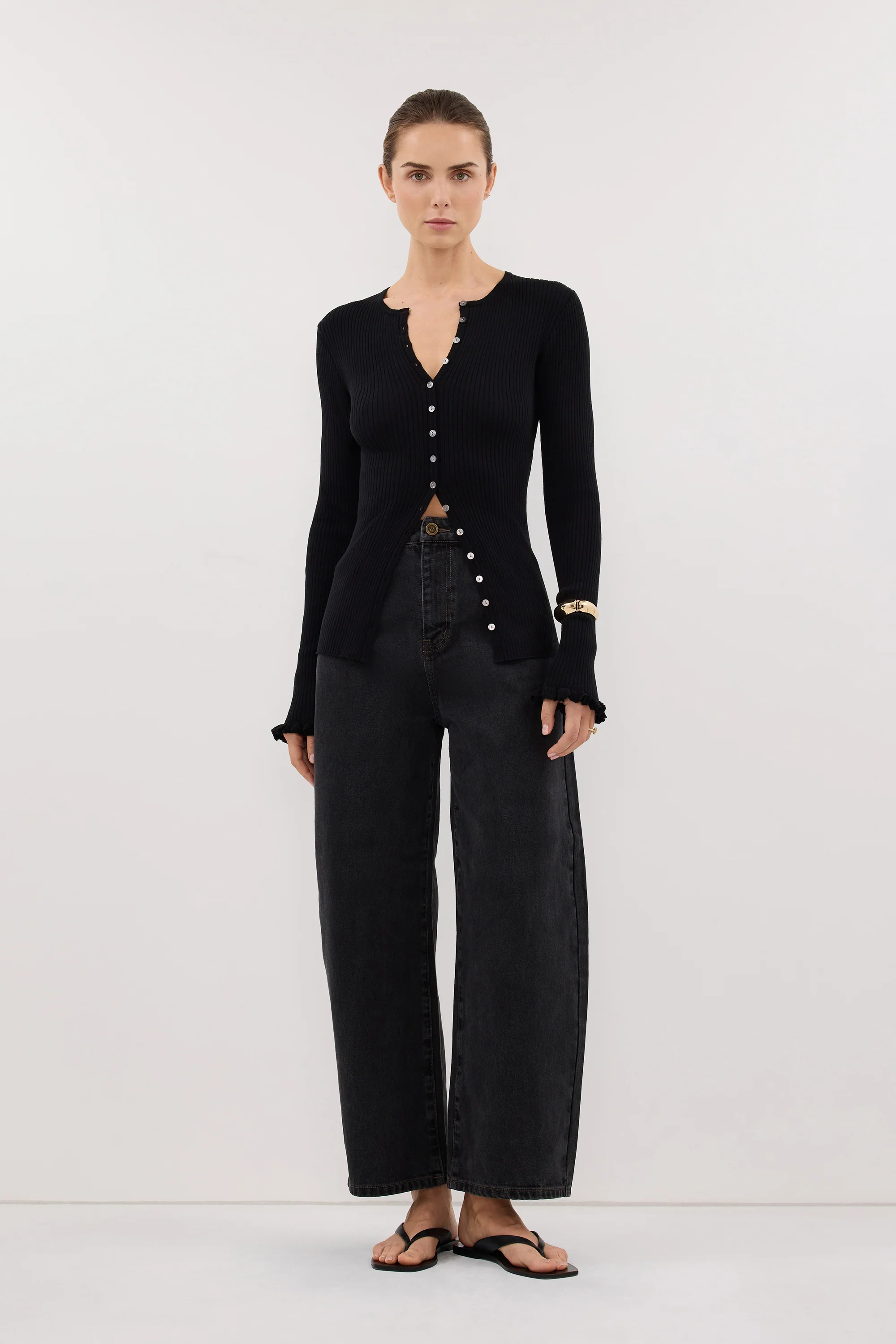 KAIA BLACK RUFFLE KNIT CARDIGAN