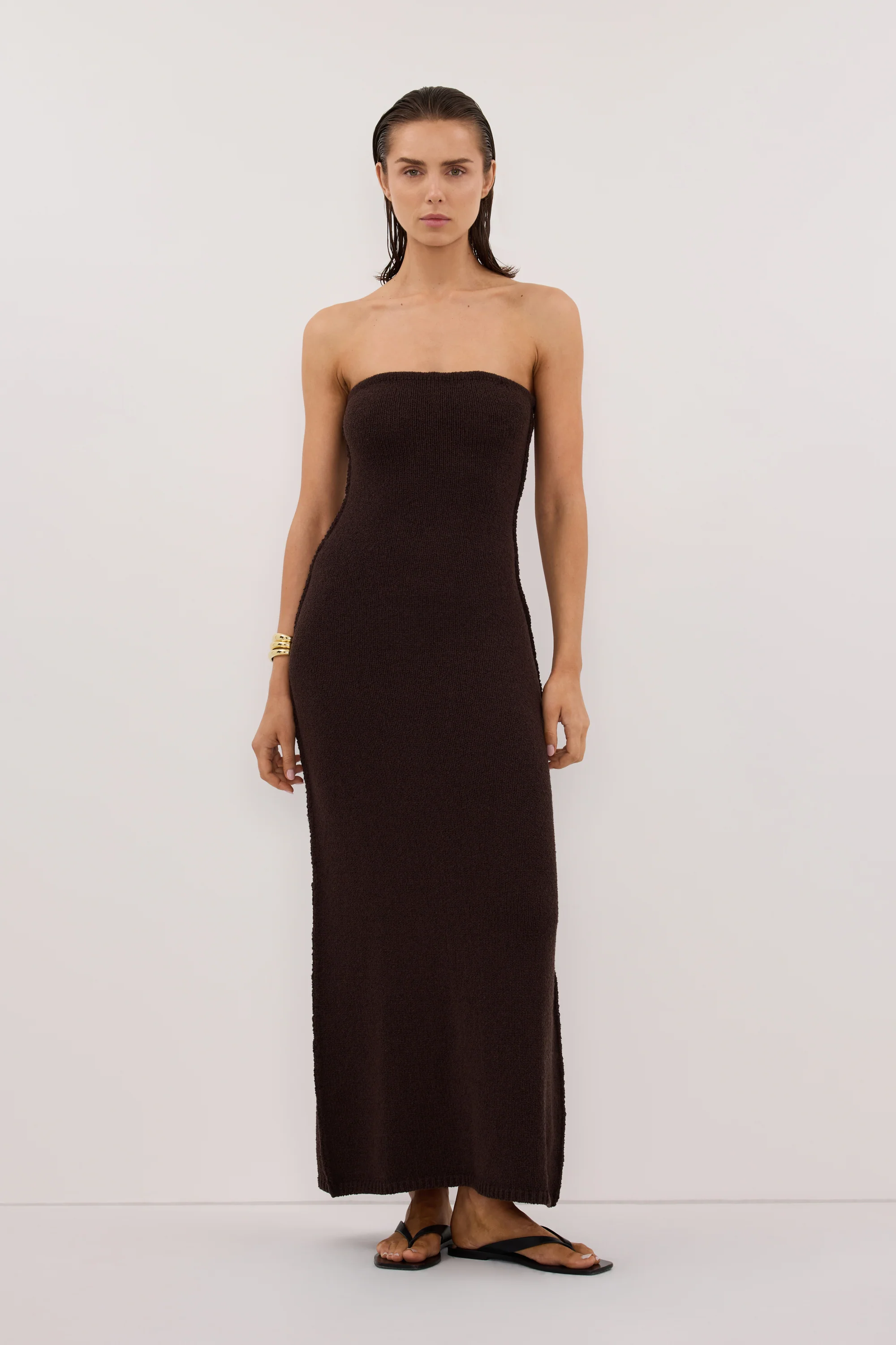 KARA CHOC STRAPLESS KNIT MIDI DRESS