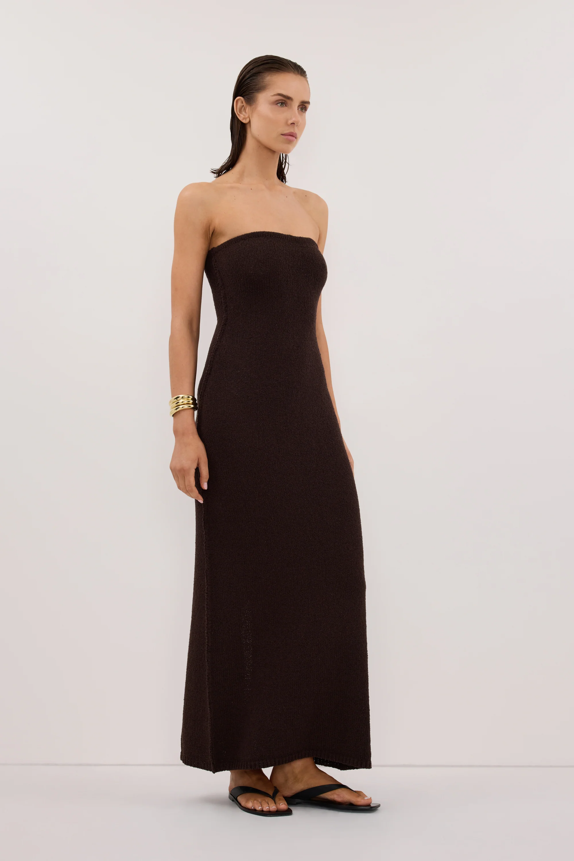 KARA CHOC STRAPLESS KNIT MIDI DRESS - Image 3