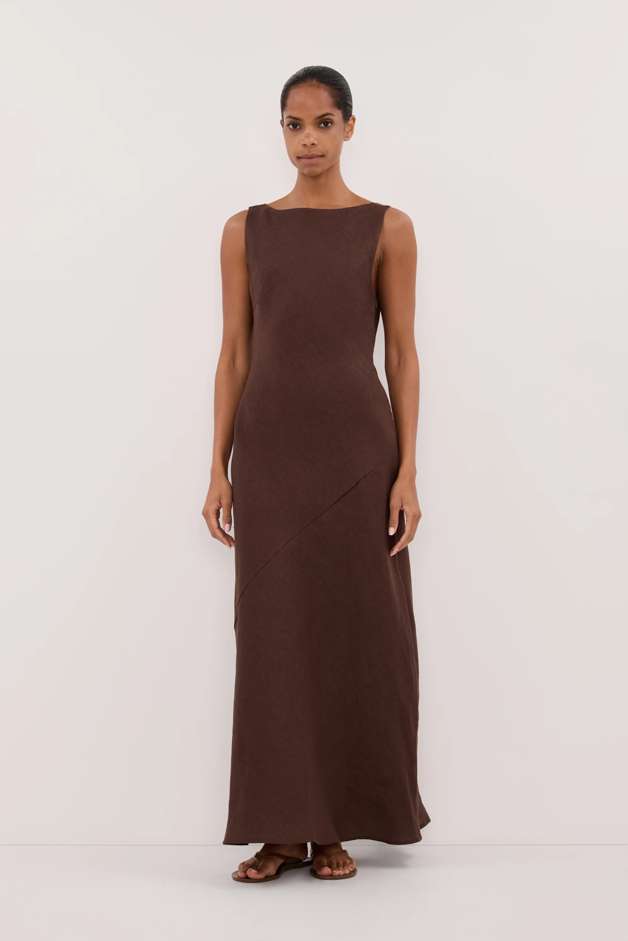 LACY COCOA SLEEVELESS LINEN MIDI DRESS