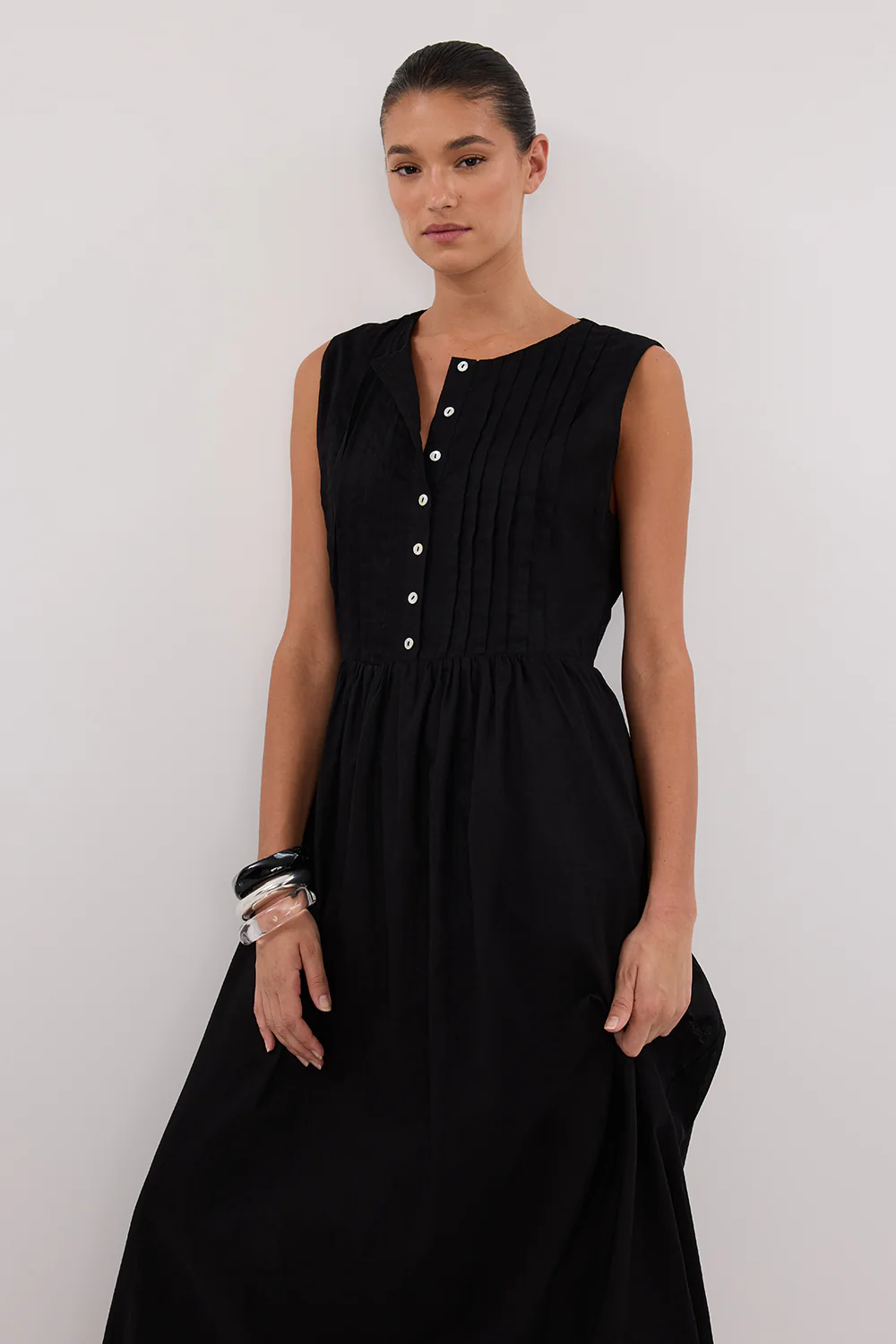LARS BLACK PINTUCK LINEN MIDI DRESS - Image 2