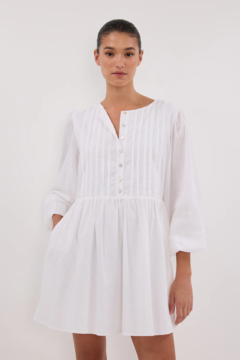 LARS WHITE BUTTON LONG SLEEVE LINEN MINI DRESS - Image 2