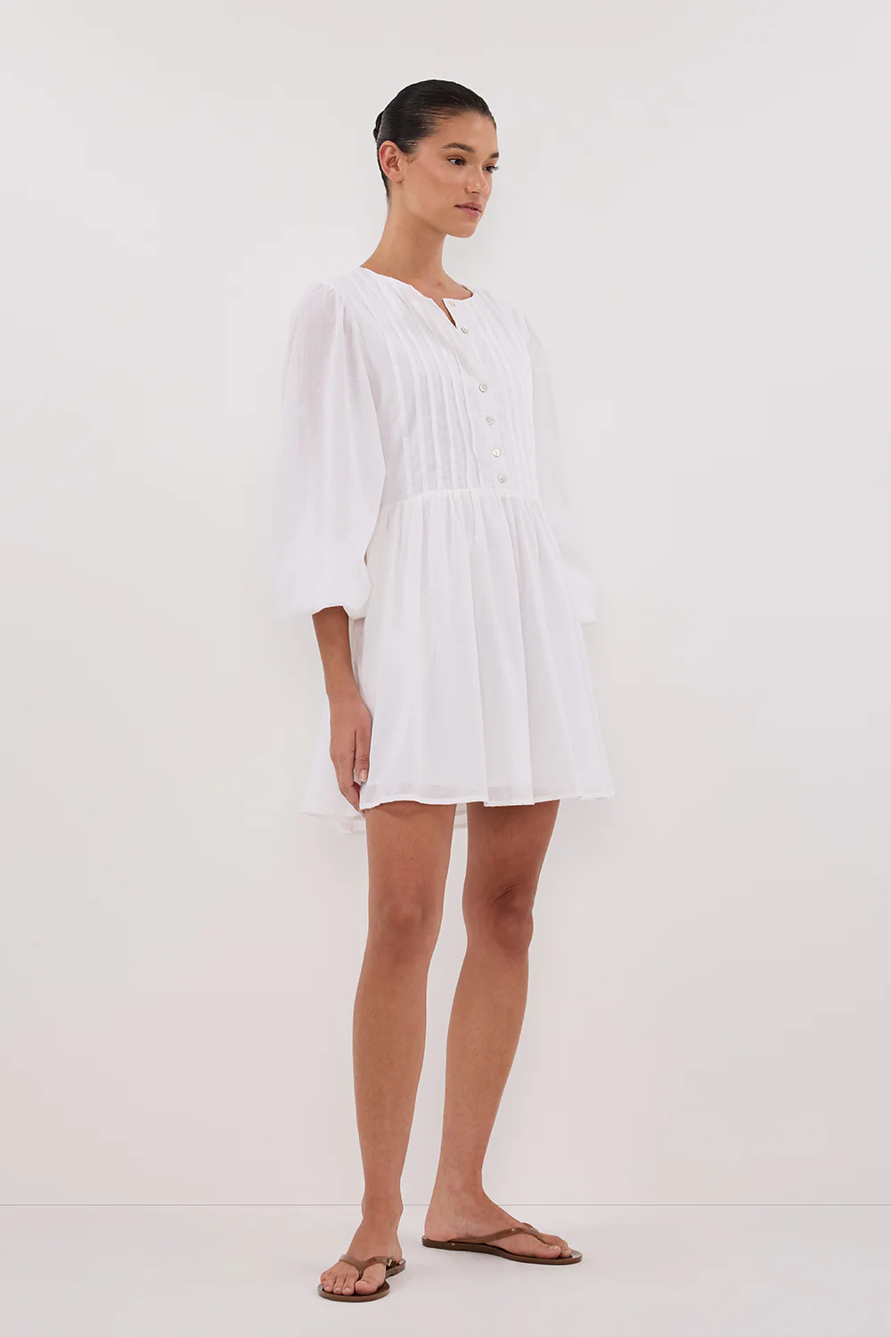 LARS WHITE BUTTON LONG SLEEVE LINEN MINI DRESS - Image 3